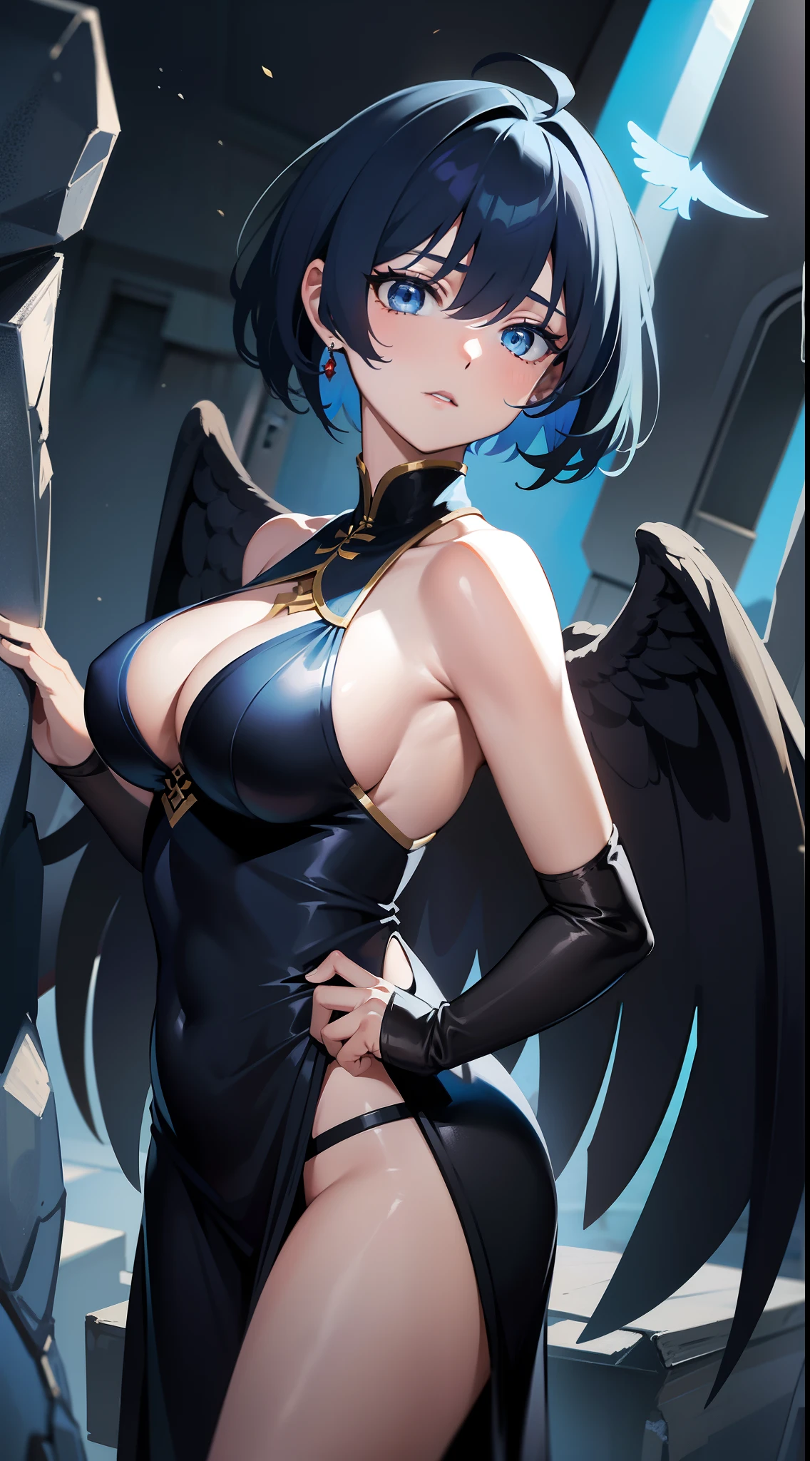 Tall girl, Short blue hair, blue eyes, Black Chinese dress, Blue inserts, open shoulders, big angel wings, Masterpiece, hiquality, high detail, HD, 4k