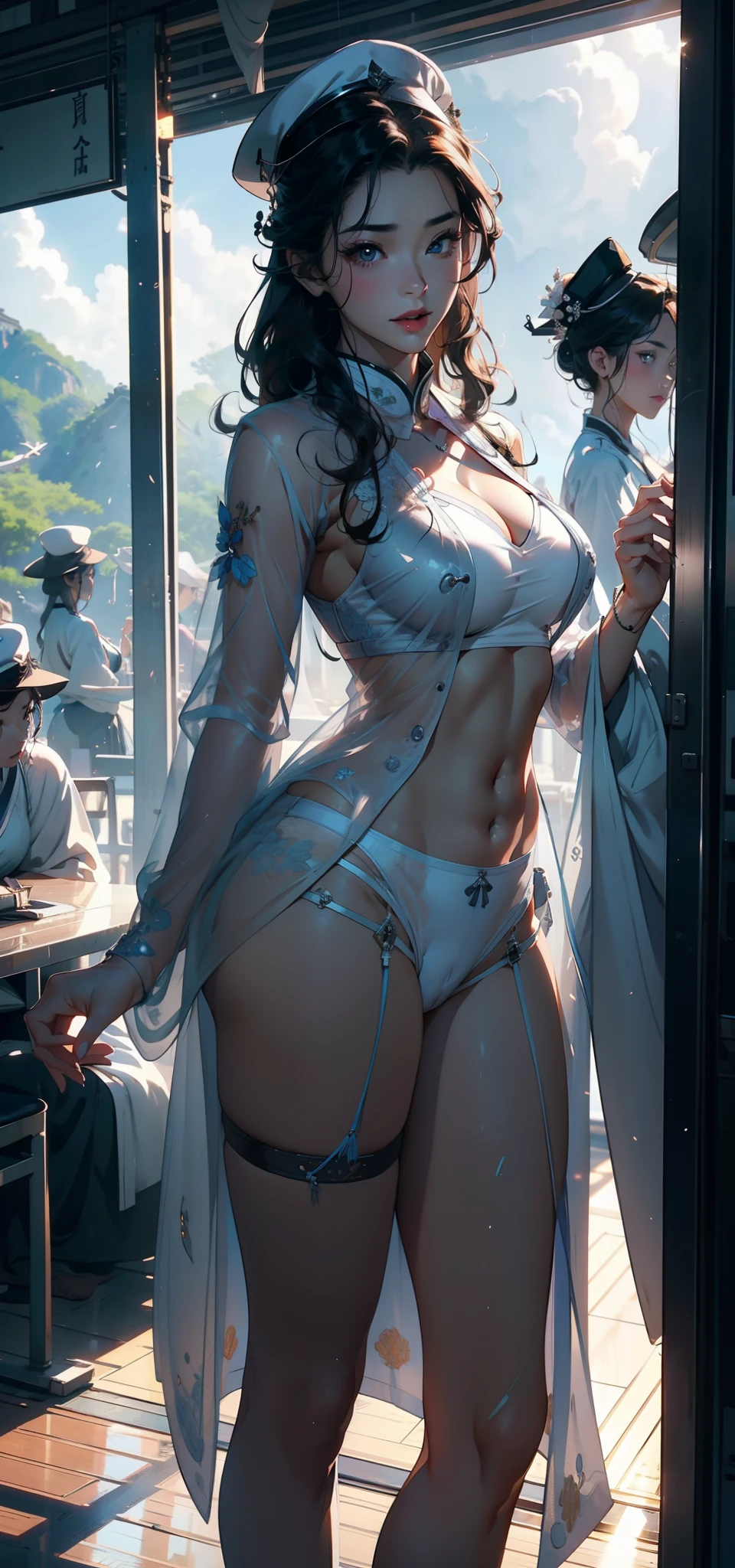 1female,41 years old,熟妇,extremely large bosom ,Pornographic exposure, 独奏,(Background with:aerodrome,Planes,the rainforest,in summer) She has short black hair,bobo head,Workstations within the aircraft,standing on your feet,seen from the front, hair straight, mostly cloudy sky,(((tmasterpiece),(Very detailed CG unity 8K wallpaper),best qualtiy,cinmatic lighting,detailed back ground,beatiful detailed eyes,Bright pupils,(Very fine and beautiful),(Beautiful and detailed eye description),ultra - detailed,tmasterpiece,)),facing at camera,A high resolution,ultra - detailed),revealing breasts,Bare genitalia, Bulge,legs are open,Raised sexy,Camel toes,Flushed complexion,Open-mouthed,frontage,Chinese flight attendant,beret(Wearing:White transparent flight attendant uniform,Sex shorts)