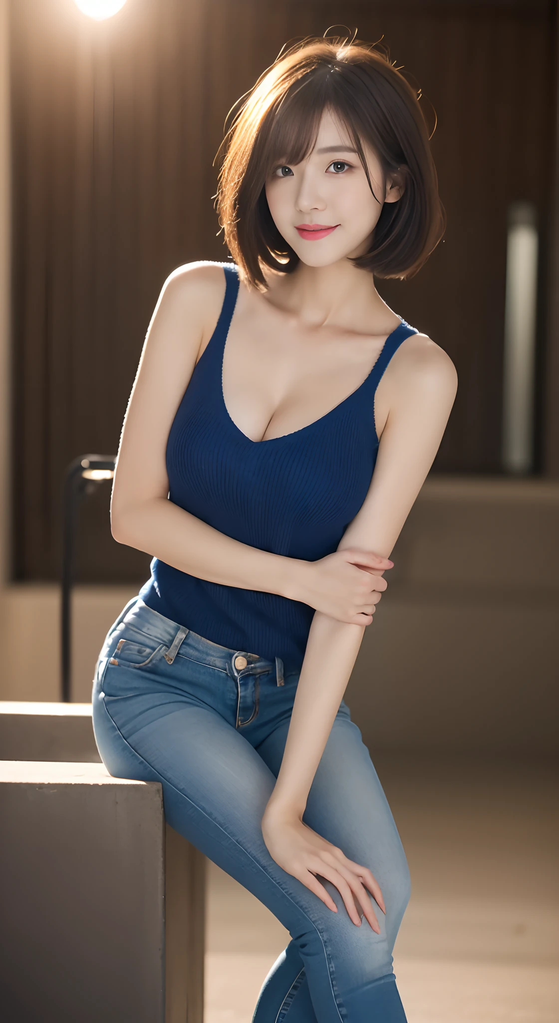 (skin blemish:1.2), (skin indentation), dark circles, 1womanl, 25 age old, (((woman))), Solo, Best quality, Photorealistic, tmasterpiece, 8K high-definition, A high resolution, Solo, Extremely detailed face, (Professional lighting,Bokeh),(light particules,lens flare glow,Luminous Particle:0.6),(dynamicposes:1.2),gentlesoftlighting,Trendy atmosphere,jpn,the street,(looking at viewert:1), Swan neck,Shave your shoulders,(showing whole body) full bodyesbian:1.8, (Bigchest), (Golden ratio figure),(Stylish short hair,bobo head), A brown-haired, Hair is delicate and soft,Fluttering, cparted lips, lipsticks, Seductive smile, ssmile, Open-mouthed, teeth, (Blue skinny sweater), (Wash blue)(skintight jeans),detailed outfits:1.5, 二重まぶた,long eyelasher, birthmark, (Moles under eyes: 1), (((The calves are well-proportioned, slenderness))),(((A pair of jade feet are white and shiny,without wearing shoes))),(((Female-centered focus photography,The waist is the focus,close focus,shooting full body))),((( Coquettish sex,Coquettish and beautiful pose,The posture is diverse))),fully body photo:1.8