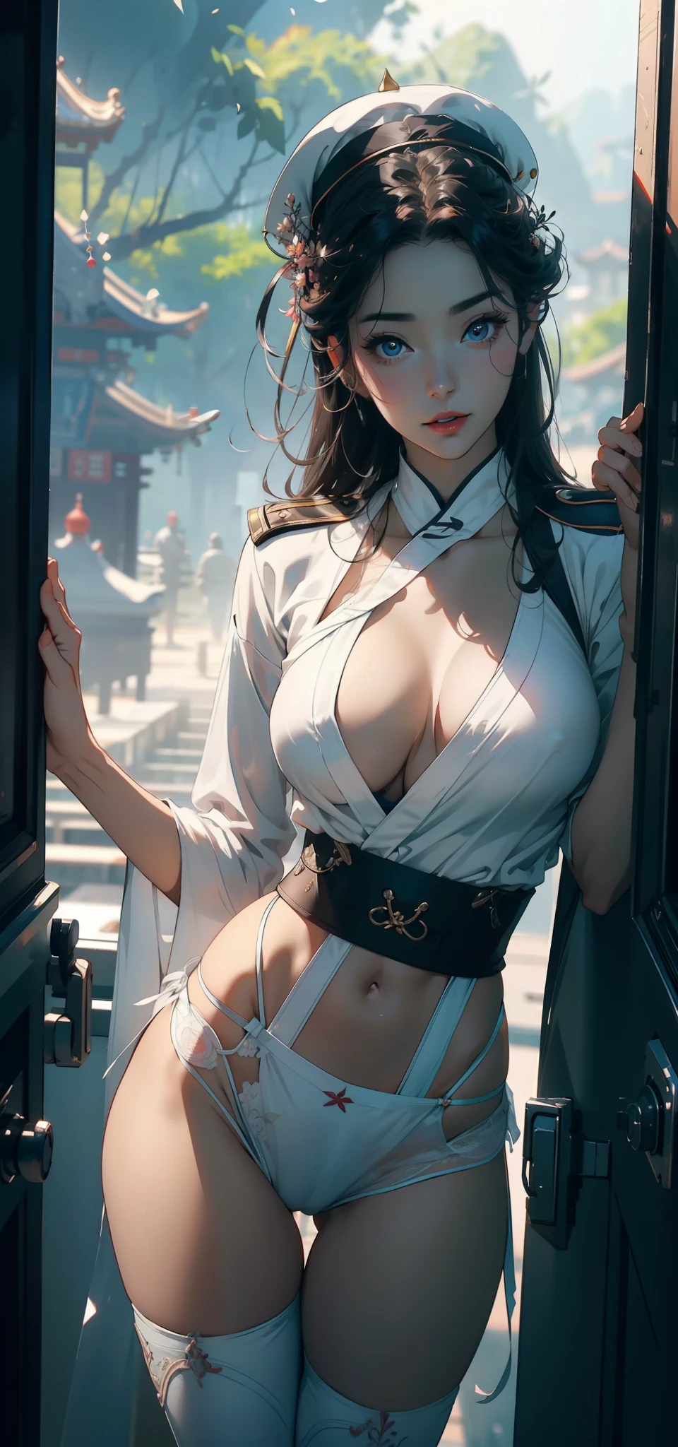 1female,41 years old,熟妇,extremely large bosom ,Pornographic exposure, 独奏,(Background with:aerodrome,Planes,the rainforest,in summer) She has short black hair,bobo head,Workstations within the aircraft,standing on your feet,seen from the front, hair straight, mostly cloudy sky,(((tmasterpiece),(Very detailed CG unity 8K wallpaper),best qualtiy,cinmatic lighting,detailed back ground,beatiful detailed eyes,Bright pupils,(Very fine and beautiful),(Beautiful and detailed eye description),ultra - detailed,tmasterpiece,)),facing at camera,A high resolution,ultra - detailed),revealing breasts,Bare genitalia, Bulge,legs are open,Raised sexy,Camel toes,Flushed complexion,Open-mouthed,frontage,Chinese flight attendant,beret(Wearing:White transparent flight attendant uniform,Sex shorts)