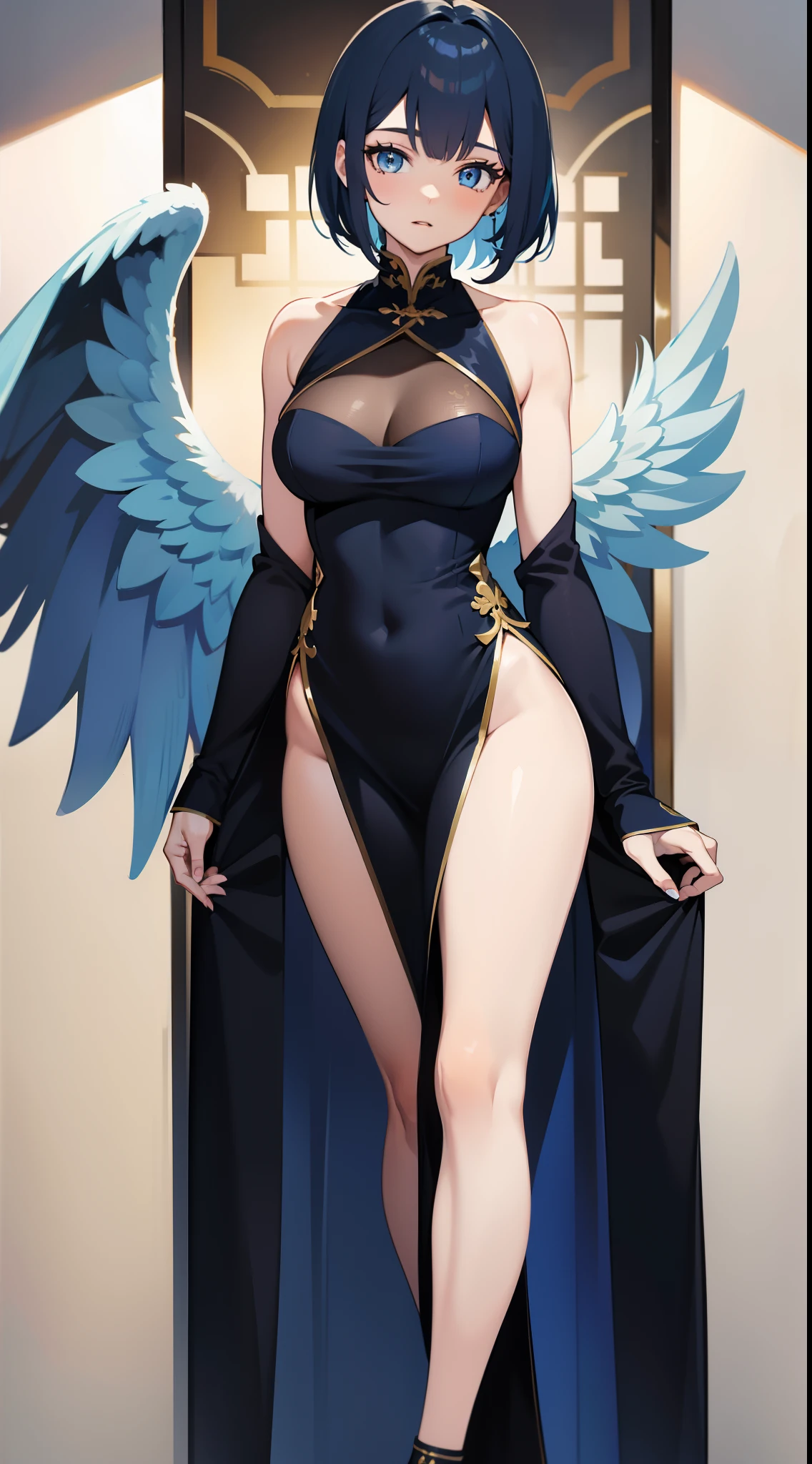 Tall girl, Short blue hair, blue eyes, Black Chinese dress, Blue inserts, open shoulders, big angel wings, Masterpiece, hiquality, high detail, HD, 4k