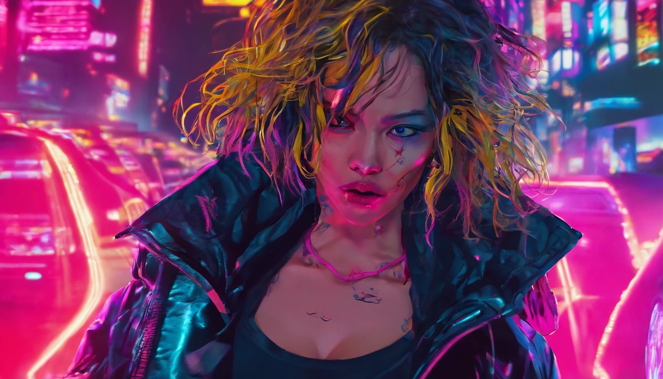 Close-up, uma bela russa, blonde, roupa esfarrapada, cabelo longo selvagem, roupa esfarrapada , clivagem, action movie scene, Jantar Distópico Cinematic Blade Runner, noite, movimentado com sinais de neon, blade runner aesthetics, lotado de pessoas, cinematografia de filmes, gangue trash, pessoa atraente, High emphasis on detail, vestindo equipamentos de tecnologia do tempo, gangue trash, tatuagens, Vida noturna, cheio de vida, gangue trash, action movie shot by Kon Satoshi, estilo Semi Impasto, tinta escura, Atmospheric, brilhante, lighting dramatic, olhos bonitos, symmetric eyes, olhos perfeitos