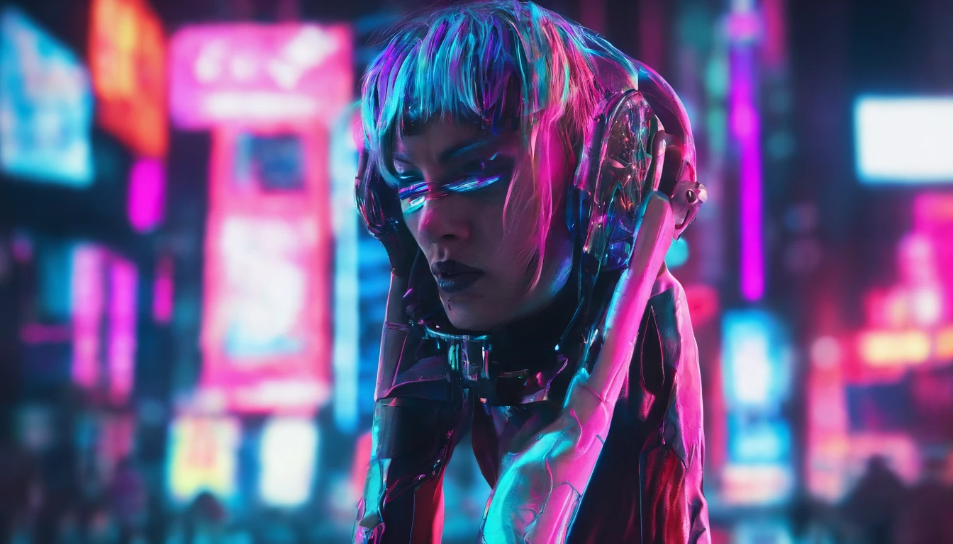 Close-up, uma bela russa, blonde, roupa esfarrapada, cabelo longo selvagem, roupa esfarrapada , clivagem, action movie scene, Jantar Distópico Cinematic Blade Runner, noite, movimentado com sinais de neon, blade runner aesthetics, lotado de pessoas, cinematografia de filmes, gangue trash, pessoa atraente, High emphasis on detail, vestindo equipamentos de tecnologia do tempo, gangue trash, tatuagens, Vida noturna, cheio de vida, gangue trash, action movie shot by Kon Satoshi, estilo Semi Impasto, tinta escura, Atmospheric, brilhante, lighting dramatic, olhos bonitos, symmetric eyes, olhos perfeitos