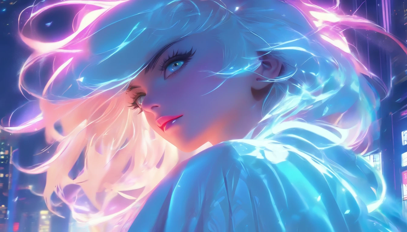 Masterpiece, Highest quality, (solofocus), (Perfect face:1.1), (High detail:1.1),Dramatic, 1人, (Pale skin), Long white hair, White eyes, [Light eyebrows], Solo, Long hair, Moon, Night, white luxury suit, covered navel, pouty lips, Covered, Futuristic city, Detailed background, Art by Artgerm and Greg Rutkowski, Cinematic lighting, rosette, Fashion, BalenciagaStyle