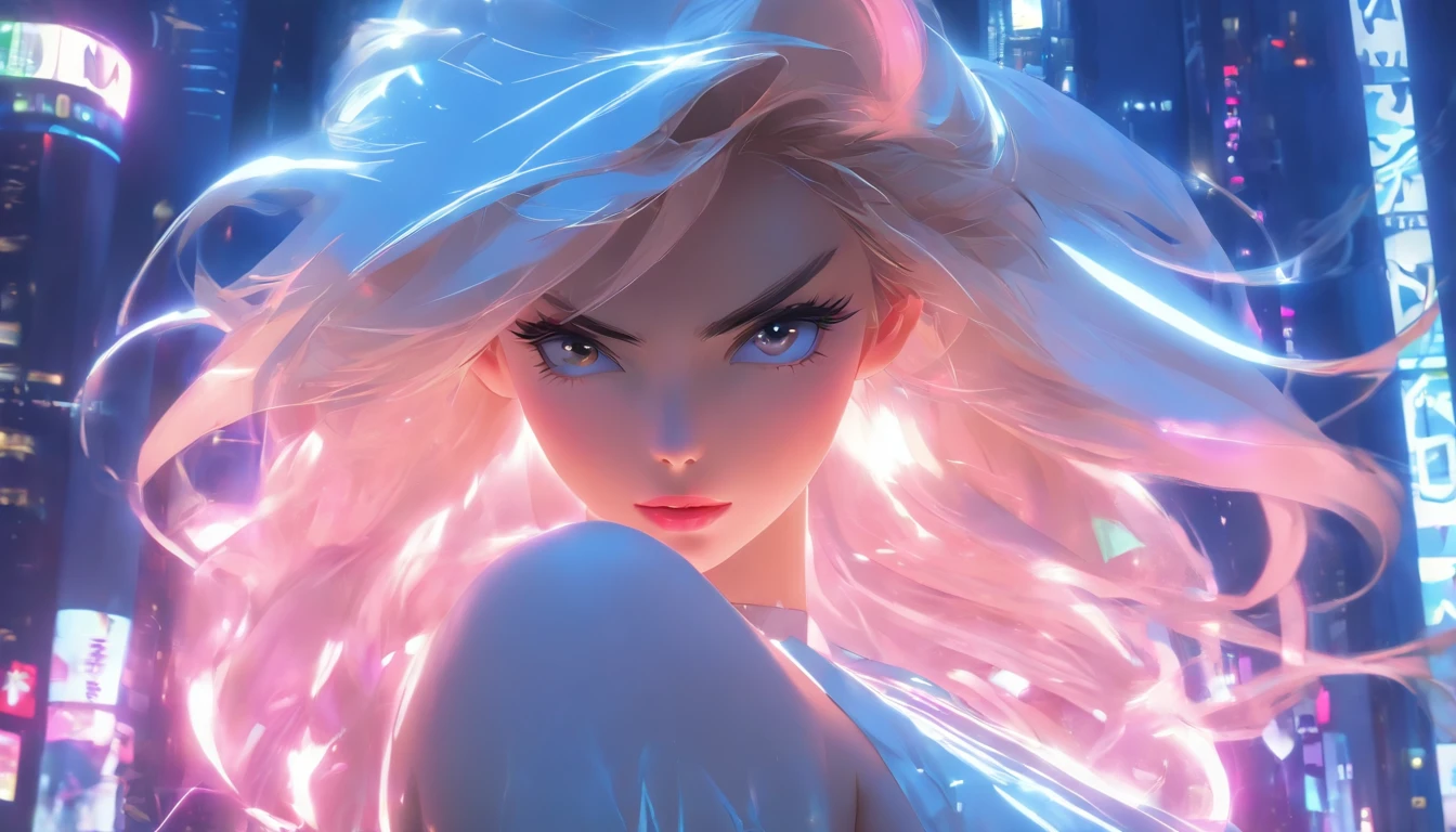 Masterpiece, Highest quality, (solofocus), (Perfect face:1.1), (High detail:1.1),Dramatic, 1人, (Pale skin), Long white hair, White eyes, [Light eyebrows], Solo, Long hair, Moon, Night, white luxury suit, covered navel, pouty lips, Covered, Futuristic city, Detailed background, Art by Artgerm and Greg Rutkowski, Cinematic lighting, rosette, Fashion, BalenciagaStyle