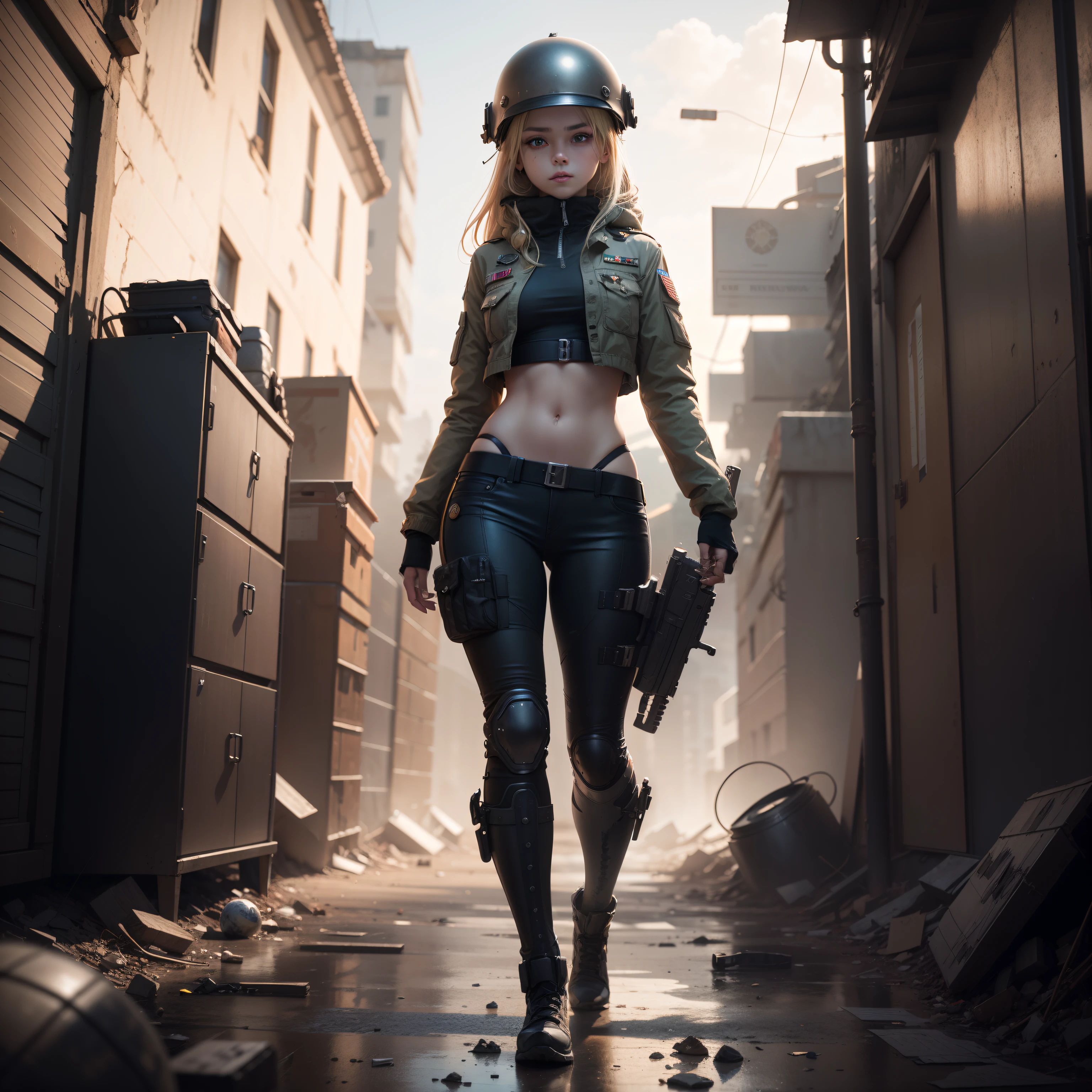 Destroyed towns,ukrainian girl , Ukrainian anime girls , , Ukraine , Full body composition of young girl with messy bright blonde hair, eye make up, 13 year old, Soft lighting, Solo, Old torn dirty shabby futuristic military uniform, badges, Pose, Blotch color, Octane Render, Hyperrealistic intricate detail, Cinematic, 8K resolution, 70mm, Accent Lighting, Global Illumination, Full body portrait, clean detailed faces, intricate clothing, Cute face, flat chest, Slim waist, Slim legs, small hips,Wearing a thick steel combat suit,Combat helmet,Holding the Gatling gun in your hand,