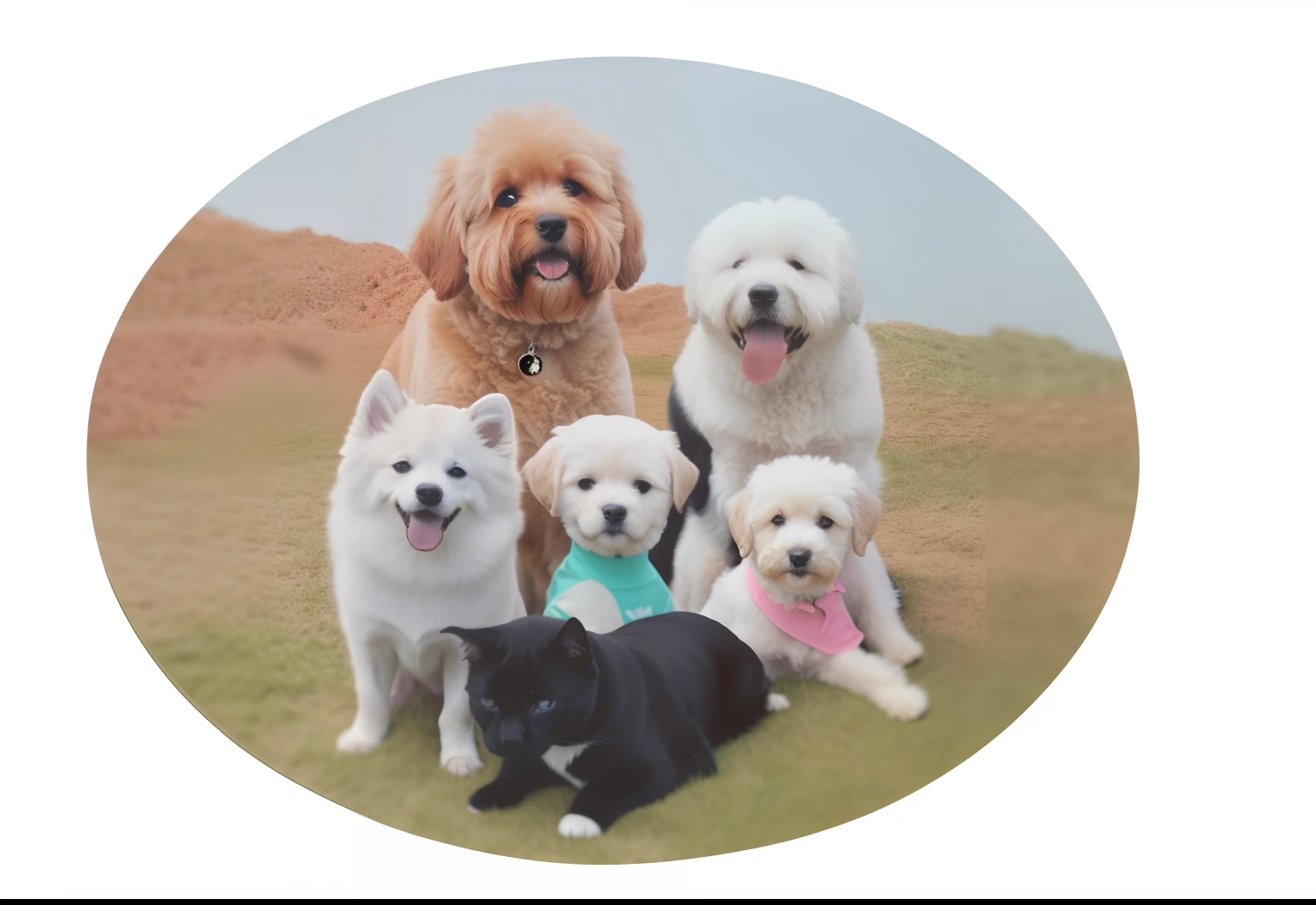 There are four dogs and a cat in a circle, family photos, pets, jazz, Dogs, on clear background, president, Puppies, family photos, with dogs, in a scenic background, big breasts beautiful, Friends, gulper eel, a color, author:Elaine Hamilton, author:Toshiei Nishida, adoptable, small village, pets, proud look