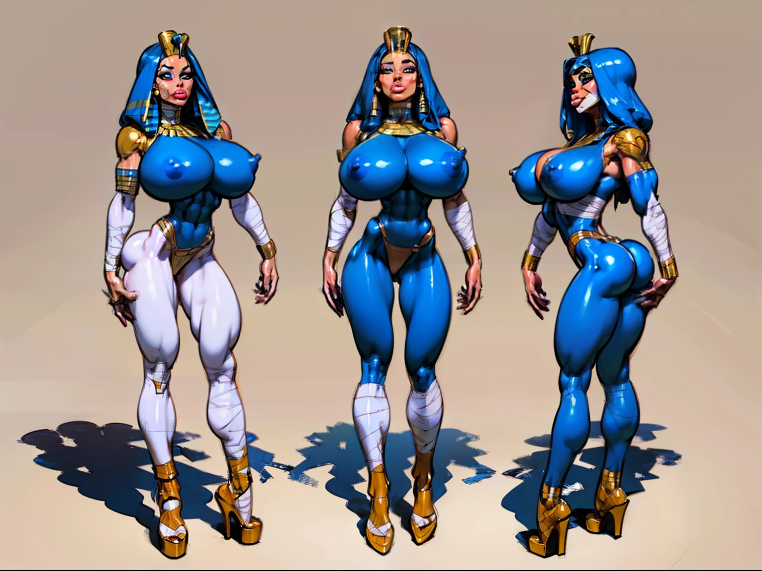 ((masterpiece)),(((best quality))),((character design sheet)), ((full body view)) ((mummy girl)) mature face, defined cheekbones, high cheekbones, illustration, bandaged all over body, muscular, ((bandaged:1.4)), sexy bimbo, (gigantic breasts:1.7) black hair, ((detailed face:1.4)) beautiful woman, (Egyptian:1.4) (blue skin:1.4) , shiny skin, scribbles and marks,(puffy lips:1.4) , rough sketches, pose, 8k,16k, (simple background, white background: 1.3) beige color palette, blue legs, blue arms, blue face