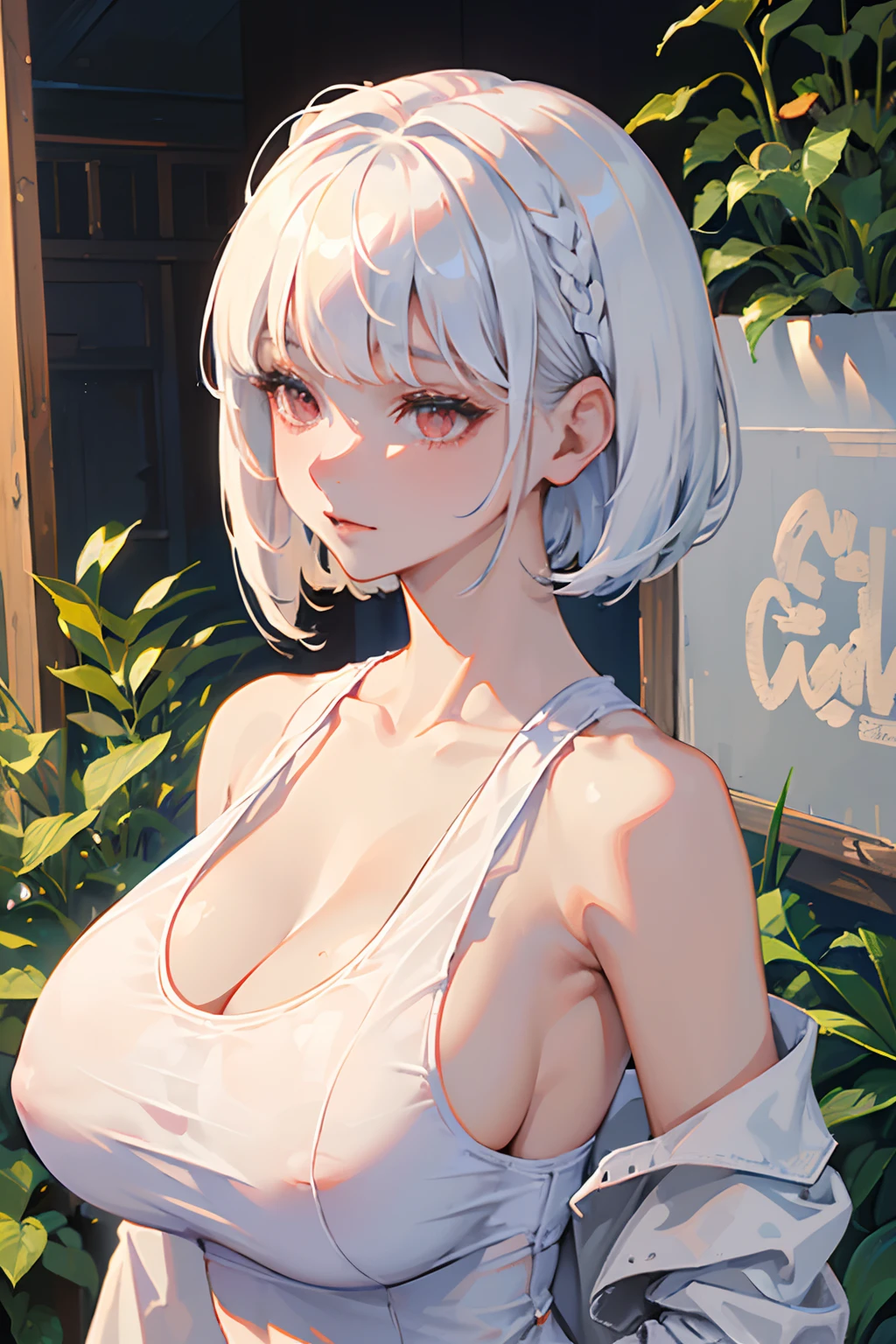 ((masterpiece, best quality)), (1girl), (solo), (female focus), (hime hair, white hair, short hair, hime haircut, straight bangs),red eyes,((white tank top)), ((huge breasts, shining breasts)), portraits, close up, upper body, spring season background