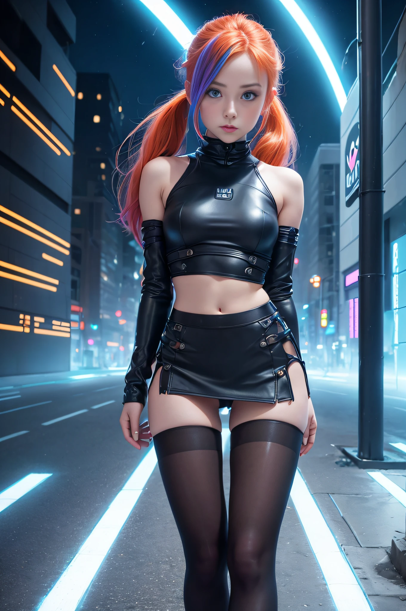 1 girl, solo, (nsfw), cute redhead 18-year-old girl in twin tails, ((perfect female body)), (cute face make up), multiple (rainbow colored hair: 1.2), (beautiful detailed blue eyes: 1.6), (photo realistic eyes: 1.6), happy, Ukrainian, (petite body), ((small hips)), pale white skin, (mini skirt and tube top), (matte pantyhose: 1.6), (("TRON LEGACY futuristic city" style background)), (night time:1.2), photo realistic.
