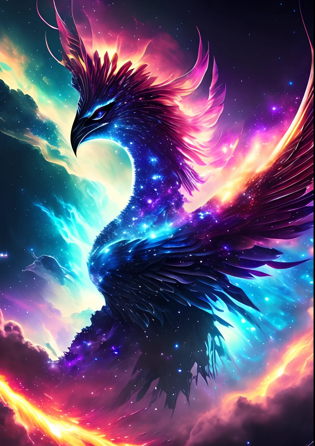 dreamlikeart, galaxy, outer space, nebula, star, [cyberpunked] Phoenix from the Stars (star:1.5),