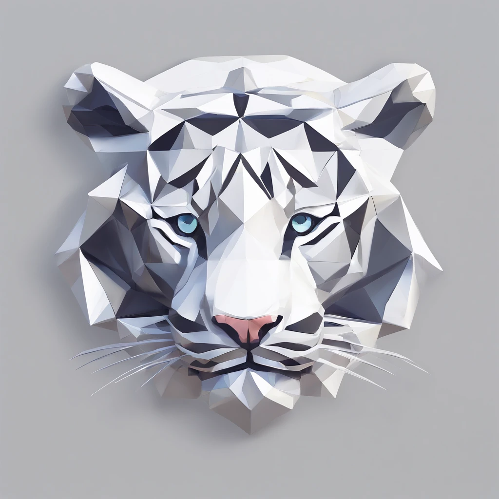 The back of a white tiger is made of crystal.、Limbs in total６Boken、a cool、Crystal effect、White background、Geometric art、line-drawing、Colorful、８K-high image、Tints like stained glass、flawless、See the big picture、Beautiful fece、Center、fine、