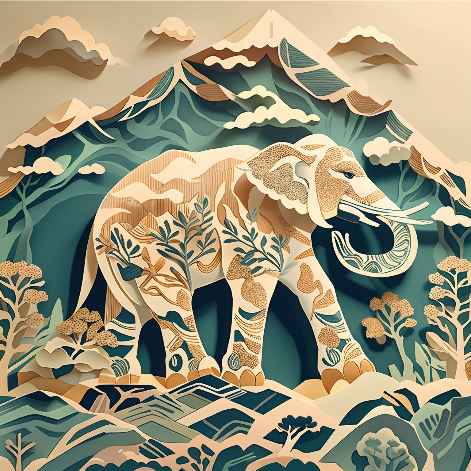 flat papercut, A majestic elephant stands tall on a mountain peak