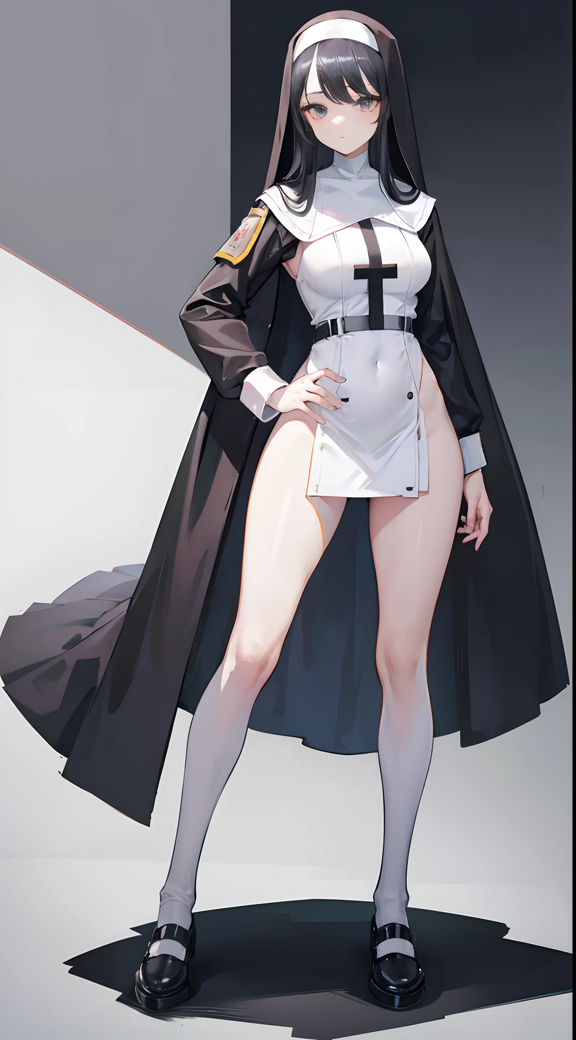There are bandages on the legs,lewd nun,s girl,Full body like,Black hair,stand posture
