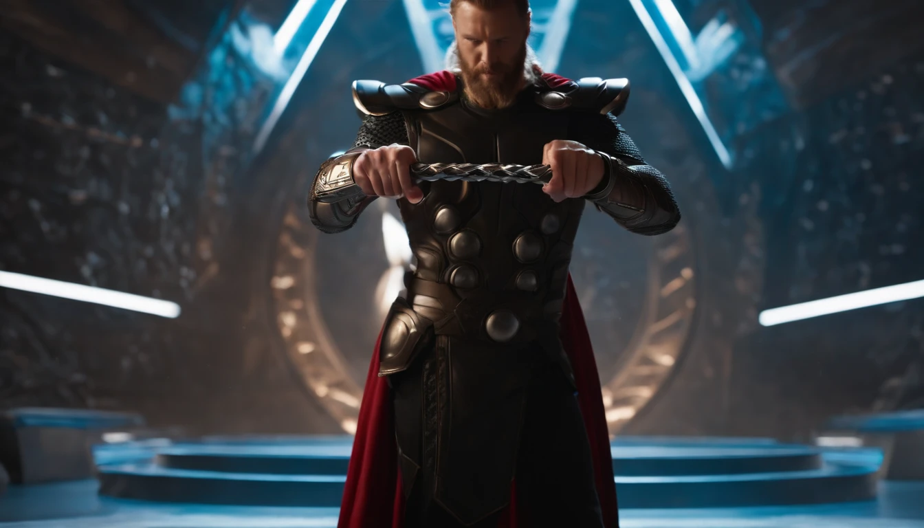 Thor's hammer in his hand with Power and futuristic background 4k image