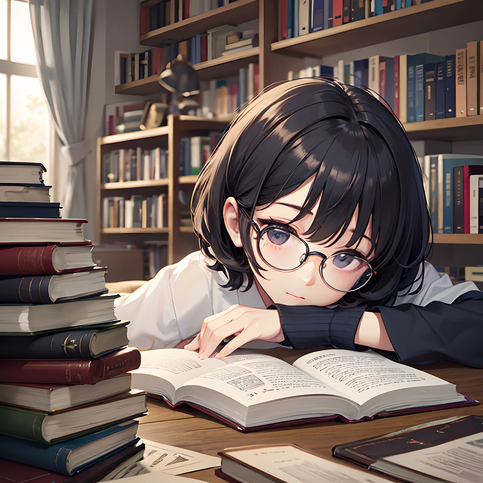 masterpiece、top-quality、High-quality images、hight resolution、8K、1lady、detaileds、Detailed eye depiction、skin gloss、Lustrous hair、Black short-haired、Sleeping habits、dishevled hair、Round glasses、Narrow old room、many bookshelves、Books piled on the floor、Pile of used books、sitting down on the floor、A book in one hand、faces、Zoom up to fill the screen