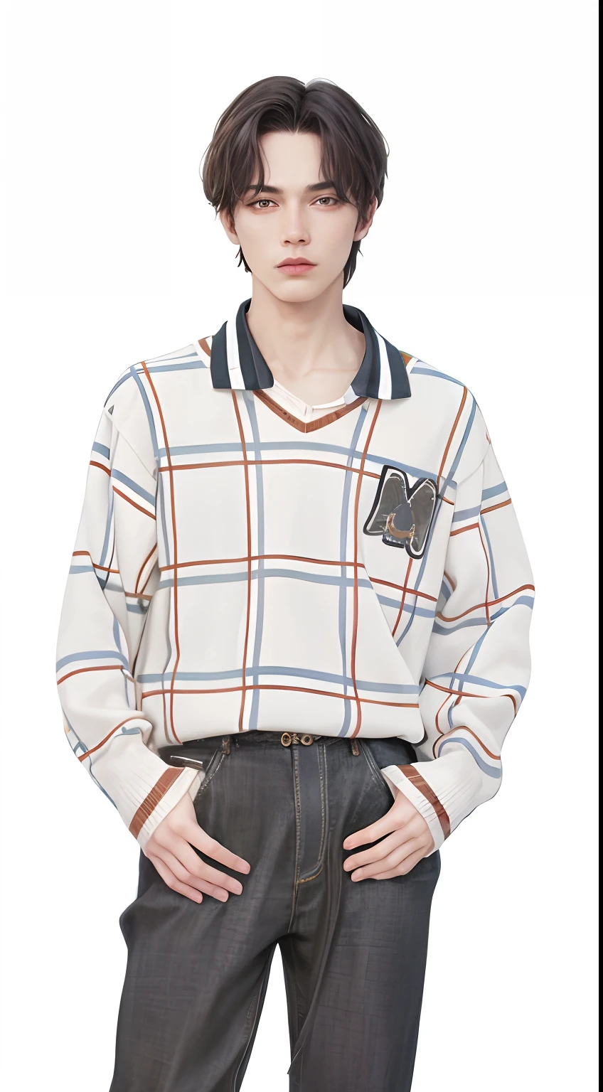 A close-up of a man in a sweater and jeans, 2 0 2 0 fashion, ( ivory black ), mr beast, jimin, ssense, rendering, detailled image, posh, declan mckenna, mid shot portrait, Male model, designed for cozy aesthetics!, dolman, mediating, ji-min, tartan garment, Boy, marvelous designer, My serious man