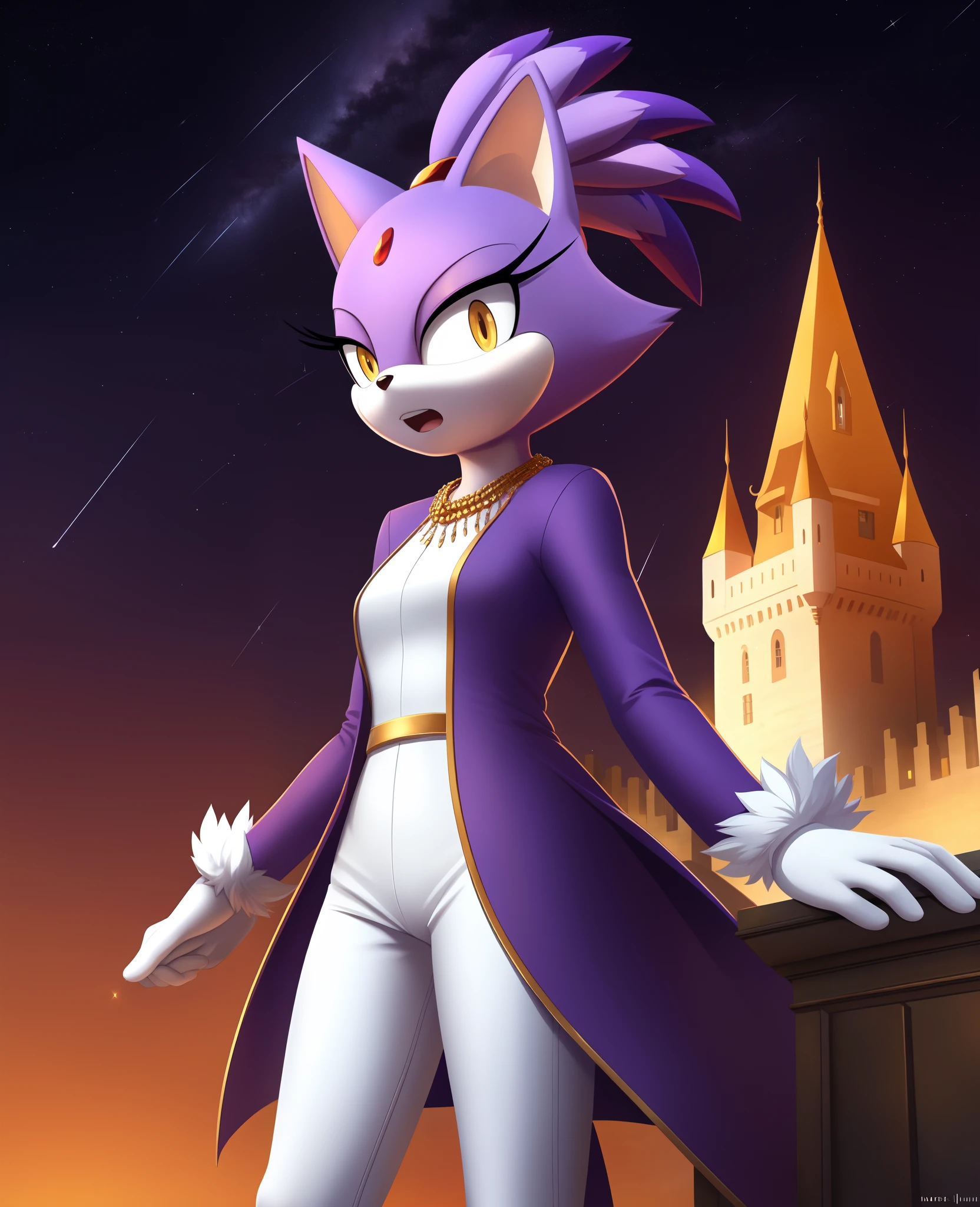 masterpiece, best quality, highres, Blaze The Cat, 1girl, gold necklace, white jumpsuit, animal_ears, closed_mouth, red forehead_jewel, fur-trimmed_gloves, fur_trim, furry, furry_female, gloves, long_sleeves, purple_coat, purple_hair, solo, standing, tied_hair, topknot, white_gloves, white_pants, yellow_eyes, tail, photo background, night sky, castle, solo, shooting star, star \(sky\), perfect hands, perfect anatomy