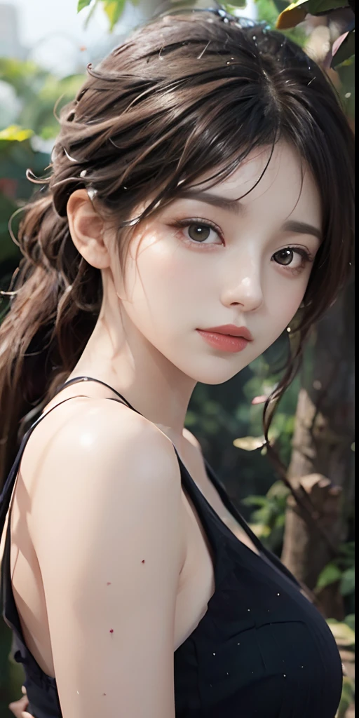 (Best quality, 4k, Masterpiece :1.3), pretty woman, 1girl, sexy :1.1, dark brown hair: 1.1, (rainy wet, wet from rain, wet body :1.2), white tank tops, ultra-detailed face, detailed lips, detailed eyes, double eyelid