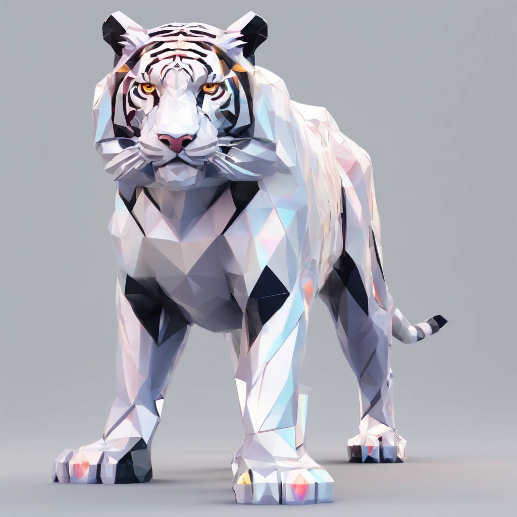 Perfect alignment,White tiger creatures、Crystal style, 发光, Standing position, Abstract beauty, Centered, Looking at the camera, Facing the camera, flawless、Dynamic、 Highly detailed, sleeoing, 8K High Resolution, Illustration,, White background、Geometric art、Tints like stained glass、Colorful ores and spine-like crystals grow from behind、Lineart-ish