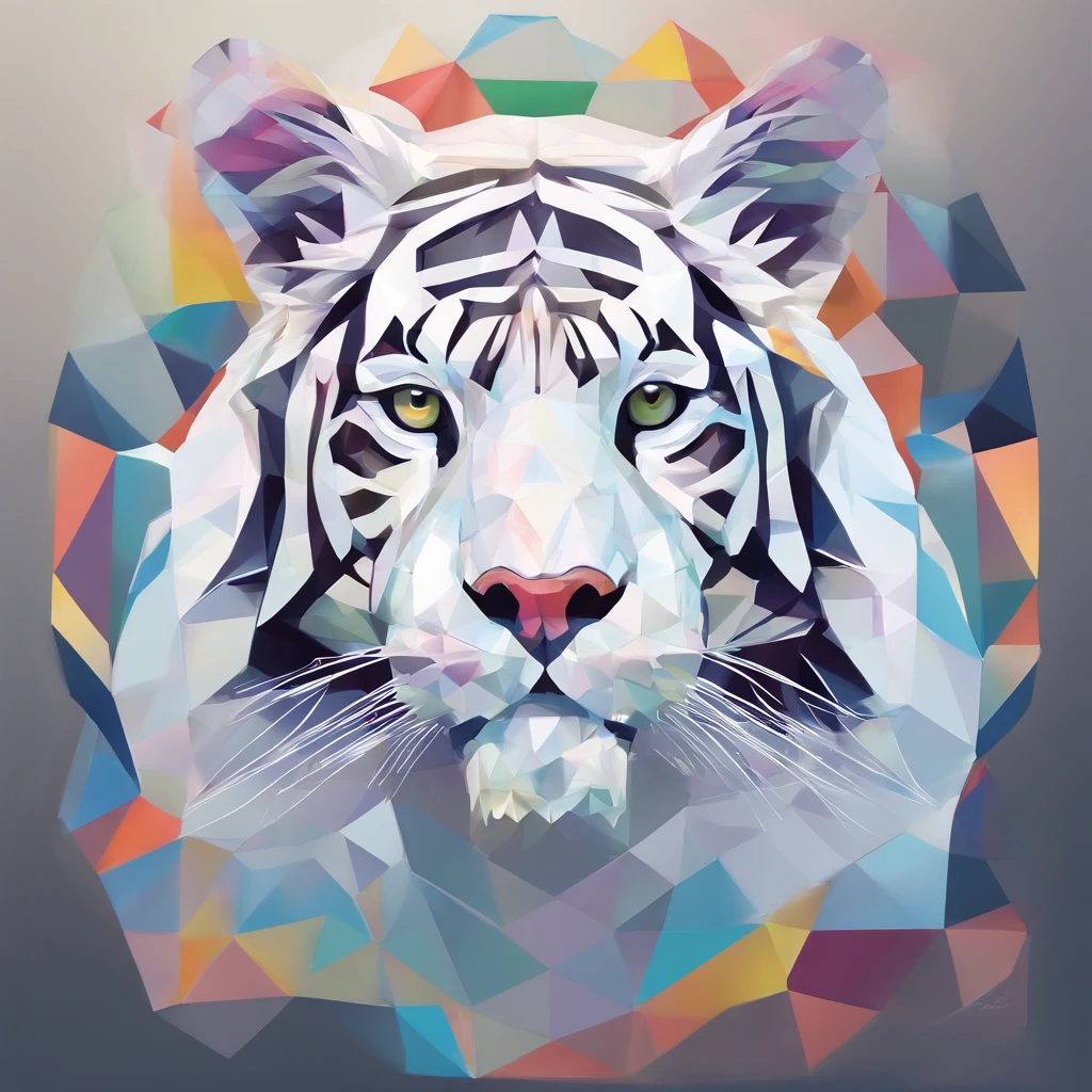Perfect alignment,White tiger creatures、Crystal style, 发光, Standing position, Abstract beauty, Centered, Looking at the camera, Facing the camera, flawless、Dynamic、 Highly detailed, sleeoing, 8K High Resolution, Illustration,, White background、Geometric art、Tints like stained glass、Colorful ores and spine-like crystals grow from behind、Lineart-ish