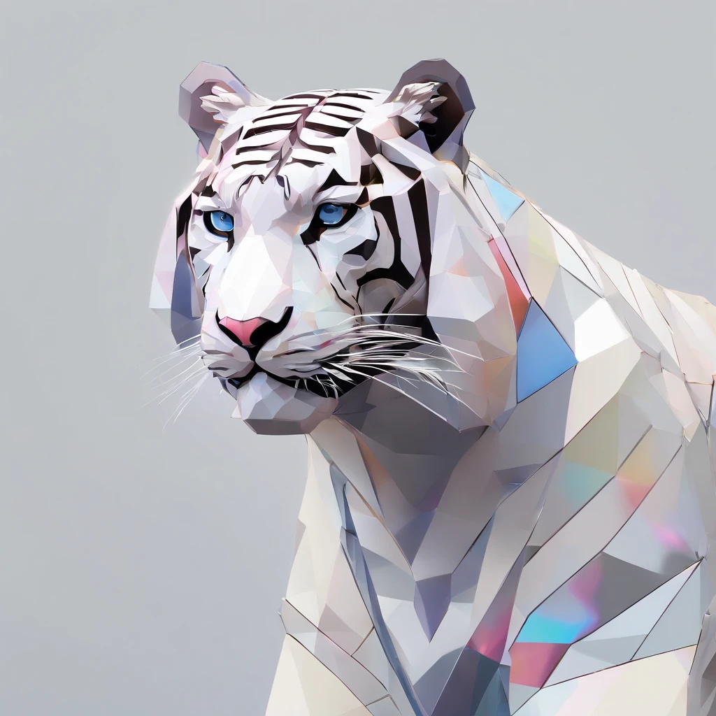 Perfect alignment，White tiger creatures、Crystal style, 发光, Standing position, Abstract beauty, Centered, Looking at the camera, Facing the camera, flawless、Dynamic、 Highly detailed, sleeoing, 8K High Resolution, Illustration,, White background、Geometric art、Tints like stained glass、Colorful ores and spine-like crystals grow from behind、Lineart-ish