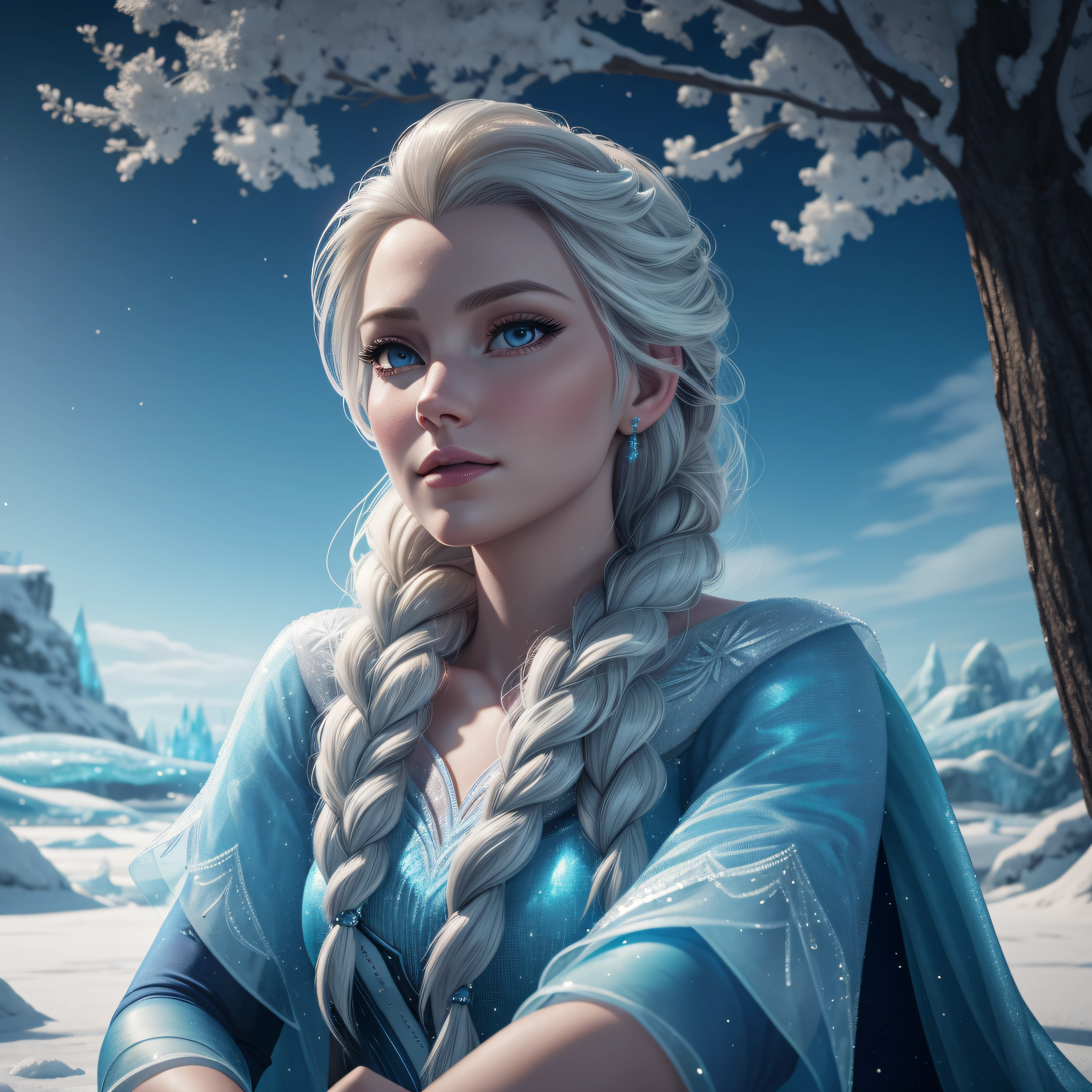 close-up of elsa from frozen sitting like a lady under a tree on the ice and looking at the sky, lots of details, beautiful, elsa from frozen, high quality, photo-realistic, octane render, unreal engine, ultra-realistic