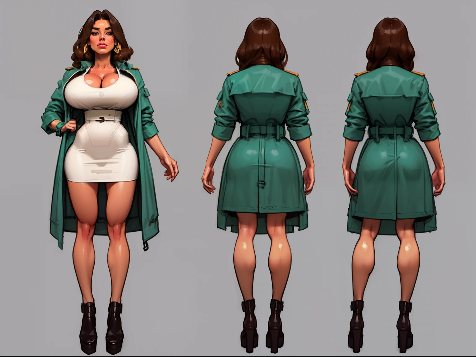 ((masterpiece)),(((best quality))),((character design sheet)), ((full body view)) ((native girl)) mature face, defined cheekbones, high cheekbones, illustration, native girl, muscular, ((detailed face:1.4)) beautiful woman, (vintage clothing:1.4), (full hair:1.6), (trench coat:1.4) (straps:1.3) , shiny skin, scribbles and marks,(puffy lips:1.4) , rough sketches, gigantic breasts, 8k,16k, (simple background, white background: 1.3) white and blue color palette, brown legs, brown arms, brown face