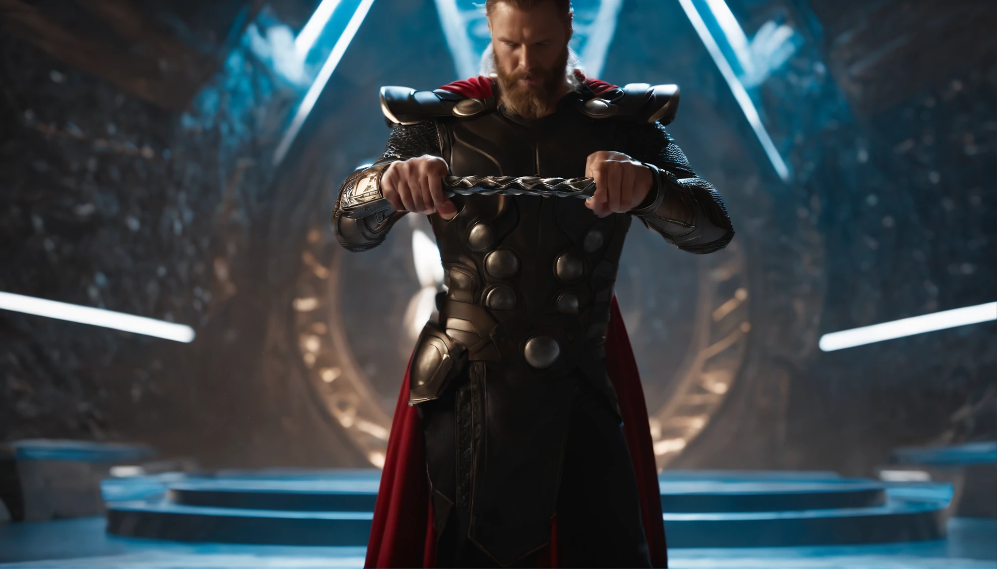 Thor's hammer in his hand with Power and futuristic background 4k image