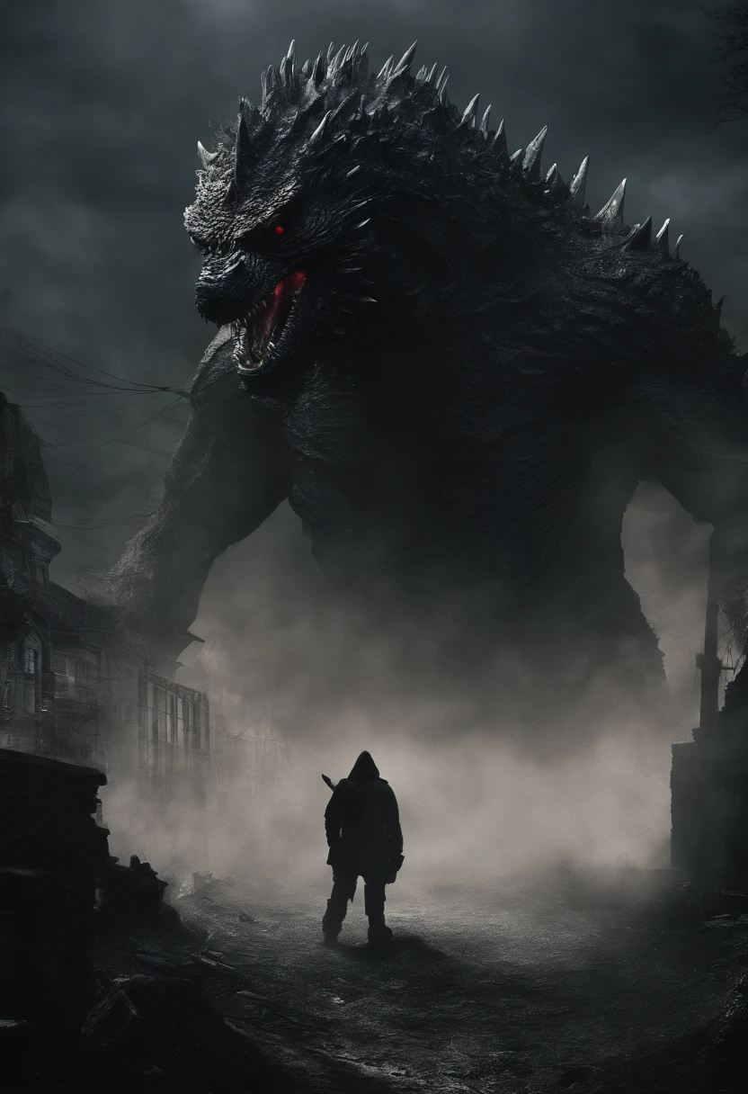 Strange monsters in a fantasy world,Godzilla,A coarse laser sprays out of the mouth,Blood,Covered with thick spikes,Moon Night,中景 the scene is,Full body like, highly detailed surreal vfx,oc rendered,Shot with 70 mm - AR 16:9 --q 2 --s 1000