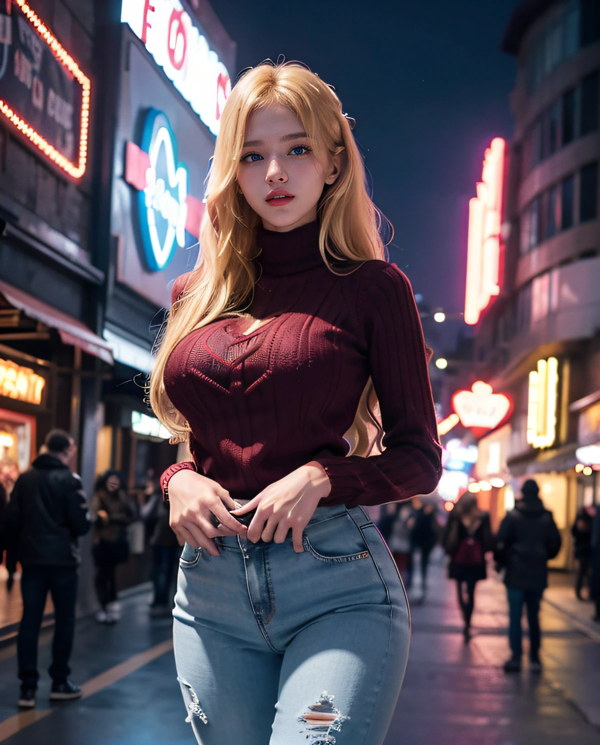 1girl, (Blue Eyes), smiling, (Sana Minatozaki), wide hips, Big Boobs, big ass, (Best Quality, 8k, Masterpiece: 1.3), perfect hands, Clear Focus: 1.2, Perfect Body Beauty: 1.4 , Slender Abs: 1.2, Highly detailed face and skin texture, detailed eyes, double eyelids, red lips, (blonde long hair), (heart-shaped sweater), tight jeans, standing, dynamic pose, in an amusement park at night illuminated by the lights of the games, Colored lights, deep on field