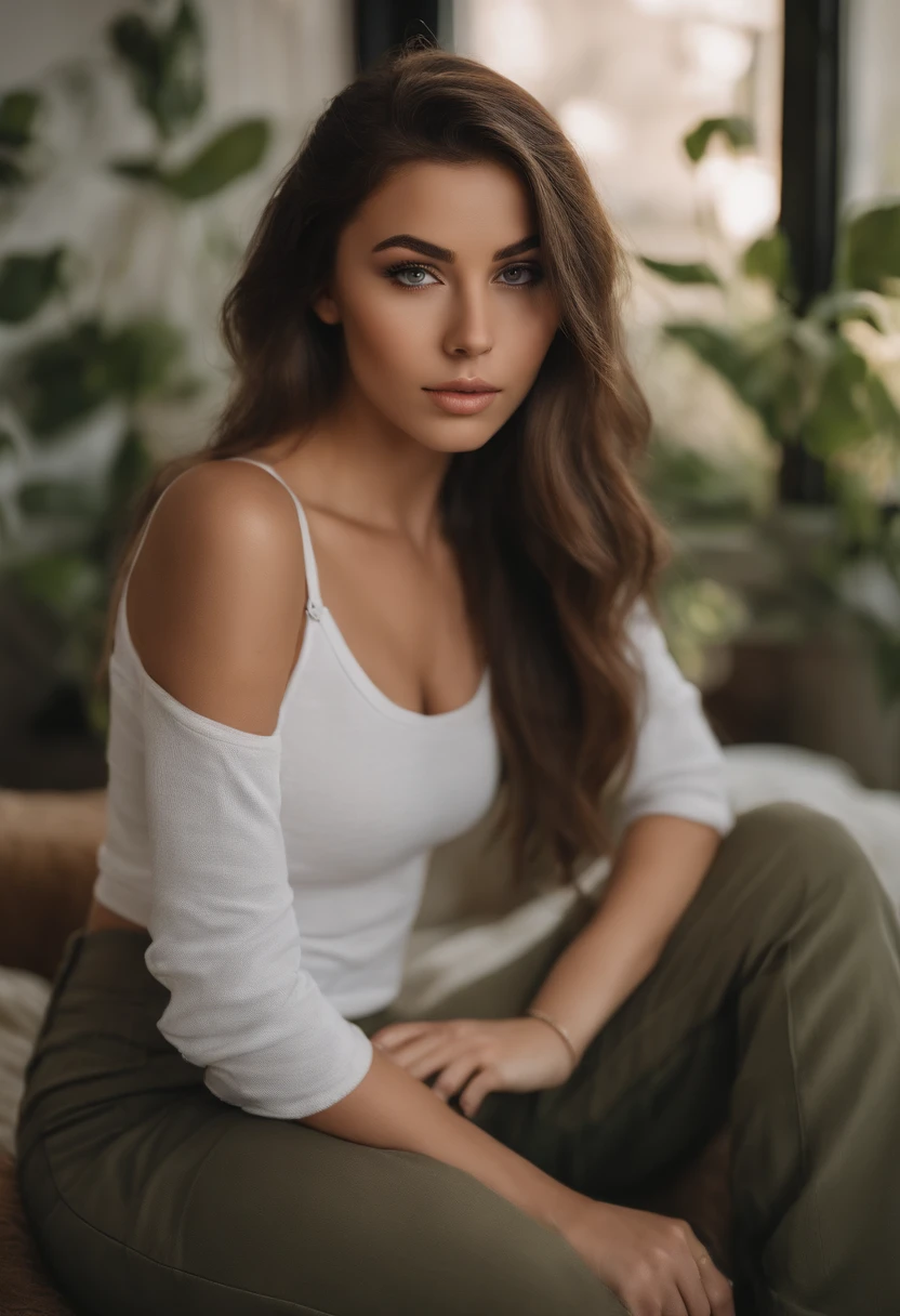 arafed woman with a white tank top and a necklace, sexy girl with green eyes, portrait sophie mudd, brown hair and large eyes, selfie of a young woman, bedroom eyes, violet myers, without makeup, natural makeup, looking directly at the camera, face with artgram, subtle makeup, stunning full body shot, piercing green eyes, beautiful angle, attractive pose, cute girl, sexy pose, full body picture, full body, full body shoot, wearing grey skirt and boots
