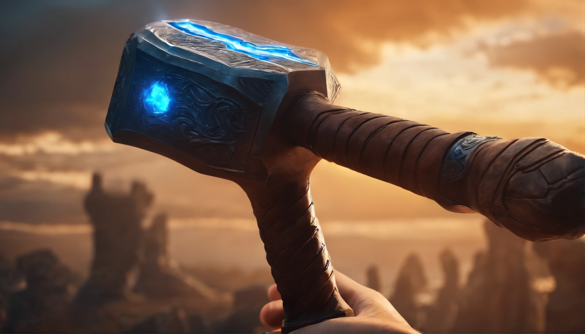 Thor's hammer in his hand with Power and futuristic background 4k image