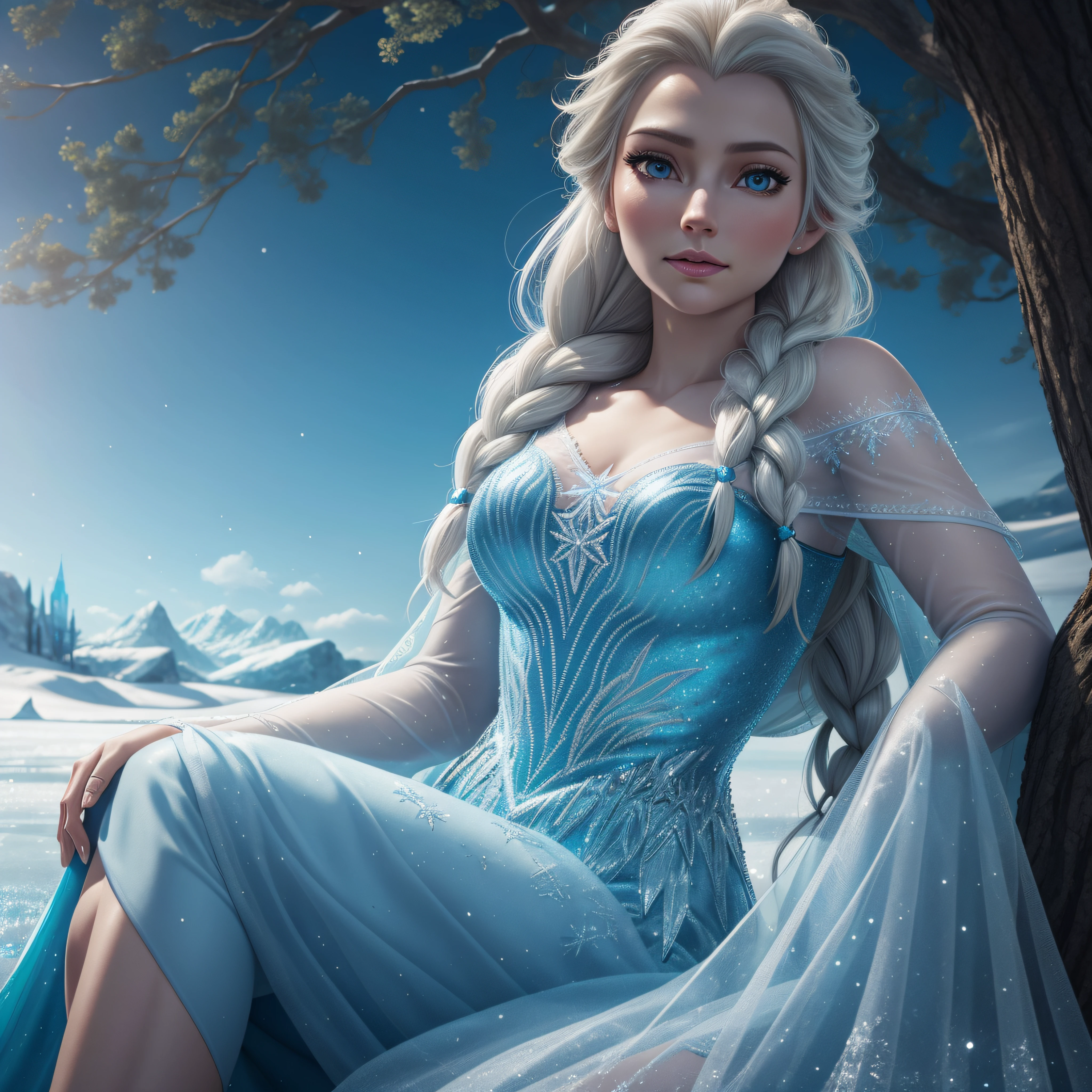 close-up of elsa from frozen sitting like a lady under a tree on the ice and looking at the sky, lots of details, beautiful, elsa from frozen, high quality, photo-realistic, octane render, unreal engine, ultra-realistic