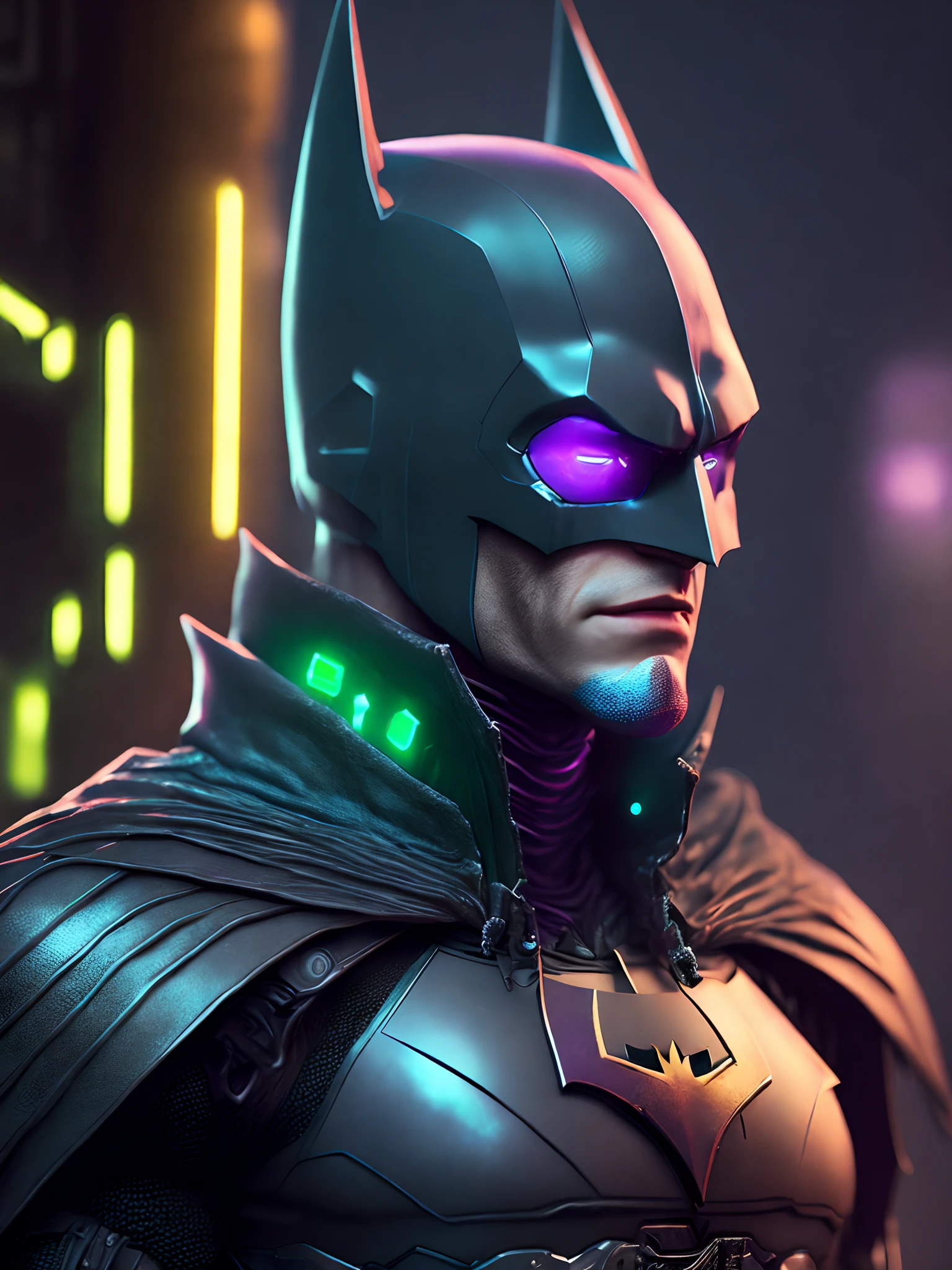 Retrato, Coringa Batman da DC, bio-mechanical, complex robot, crescimento completo, hiperrealista, pequenos detalhes insanos, linhas extremamente limpas, aesthetic cyberpunk, obra-prima apresentada em Zbrush Central, Gothic brutalist cathedral, cyberpunk, foto premiada, bokeh, luzes neon, cybernetic limb