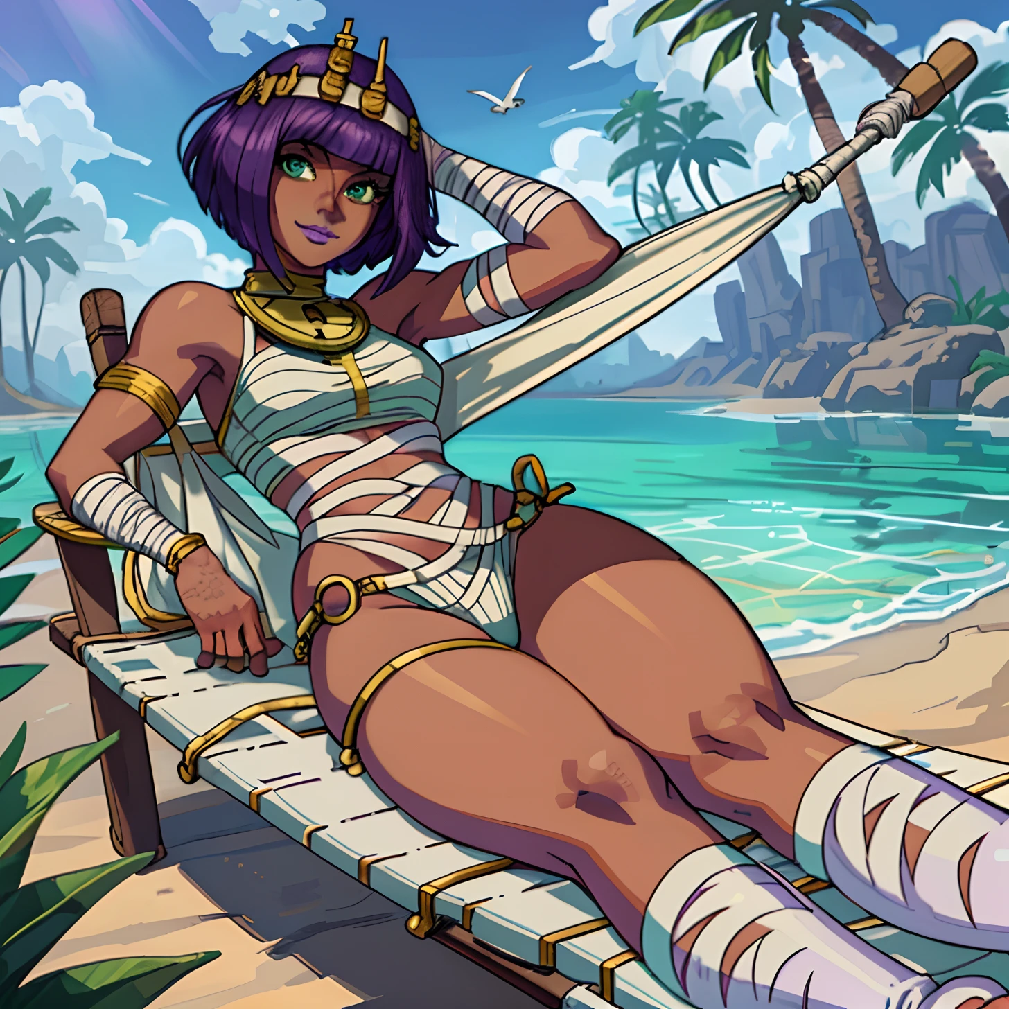 [menat_mummy], ((Masterpiece)), ((High quality art)), ((High definition)), ((solo portrait)), ((bird's-eye view)), ((feet visible)), ((anime)), ((beautiful render art)), ((detailed shading)), ((intricate details)), {(Beautiful woman), (dark skin), (cute green eyes), short purple hair, cute smile, (purple lipstick), (beautiful feet), (slightly muscular legs), (curvaceous hips), (small boobs)}, {(mummy), (white body tape), (toeless socks)}, {(on hammock), (laying on back)}, [Background; (desert oasis), (beautiful water), (palms trees), (blue sky), (sun rays)}