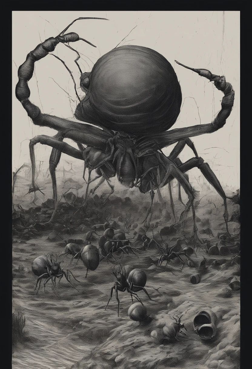 Ants carrying snail shells，With human hands，The screen layout is proportionally reasonable，Be imaginative，Handsome and high-class style
