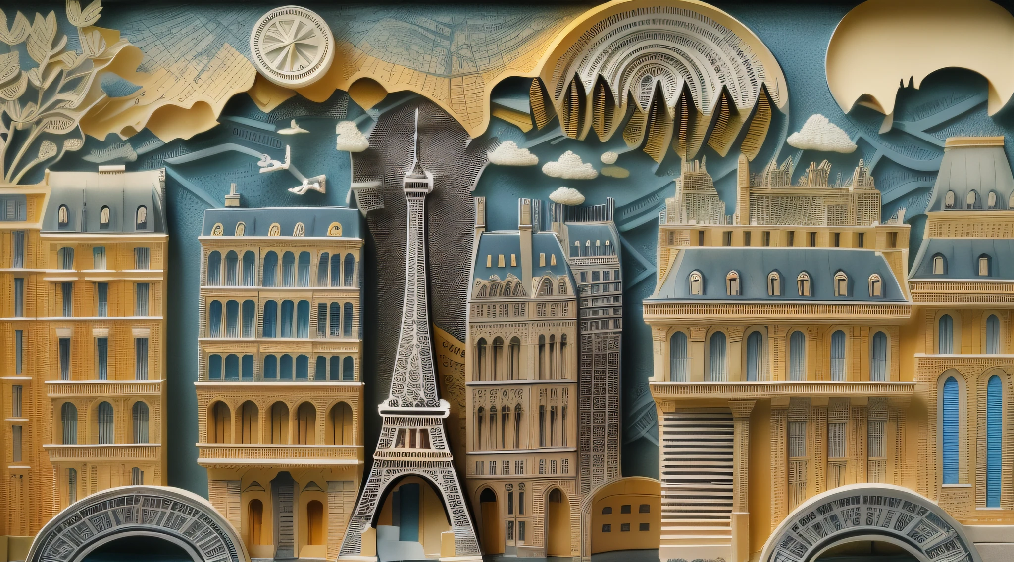 a colorful scenic paper cut art of Paris, best details, best quality, 16K, [ultra detailed], masterpiece, best quality, (ultra detailed), full body, ultra wide shot, photorealistic,