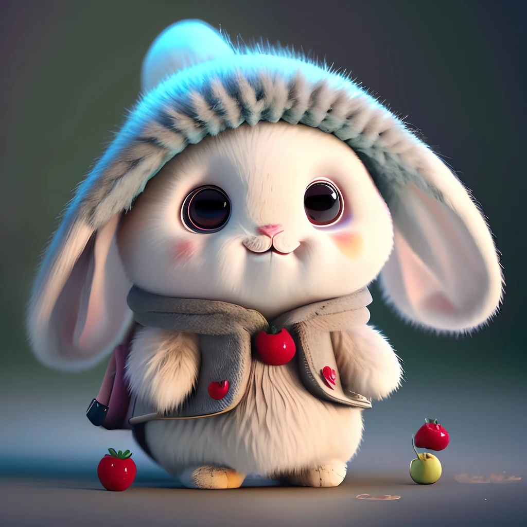 : 3. Rabbit, realistic, hairy, dressed beast, apple, dark circles, blush, cherry, food, fruit, whole body, hat, non-human, strawberry, tomato, watermelon