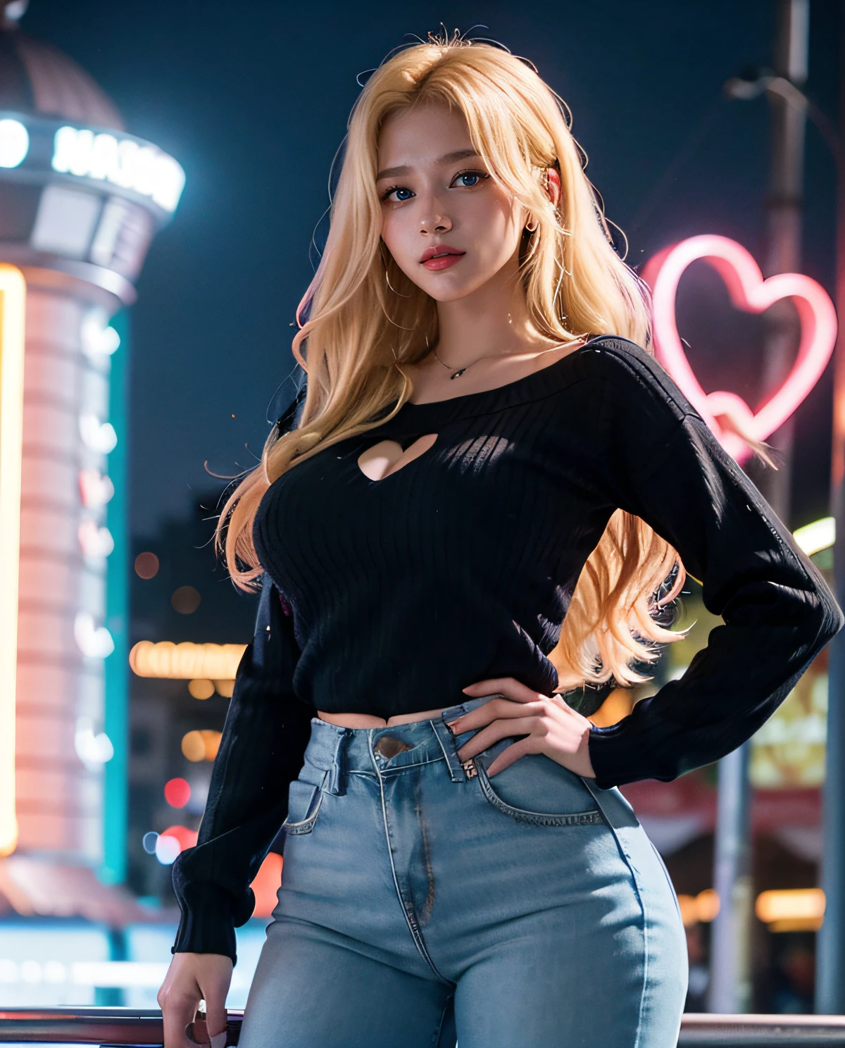 1girl, (Blue Eyes), smiling, (Sana Minatozaki), wide hips, Big Boobs, big ass, (Best Quality, 8k, Masterpiece: 1.3), perfect hands, Clear Focus: 1.2, Perfect Body Beauty: 1.4 , Slender Abs: 1.2, Highly detailed face and skin texture, detailed eyes, double eyelids, red lips, (blonde long hair), (sweater with heart neckline), tight jeans, standing, dynamic pose, in an amusement park at night illuminated by the lights of the games, Colored lights, deep on field