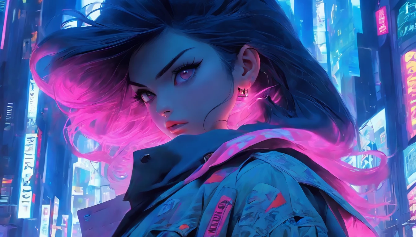 Masterpiece, Highest quality, (solofocus), (Perfect face:1.1), (High detail:1.1),Dramatic, 1人, (Pale skin), Long Black hair, Pink eyes, [Light eyebrows], Solo, Long hair, Moon, Night, denim luxury jacket, covered navel, pouty lips, Covered, Futuristic city, Detailed background, Art by Artgerm and Greg Rutkowski, Cinematic lighting, rosette, Fashion, BalenciagaStyle