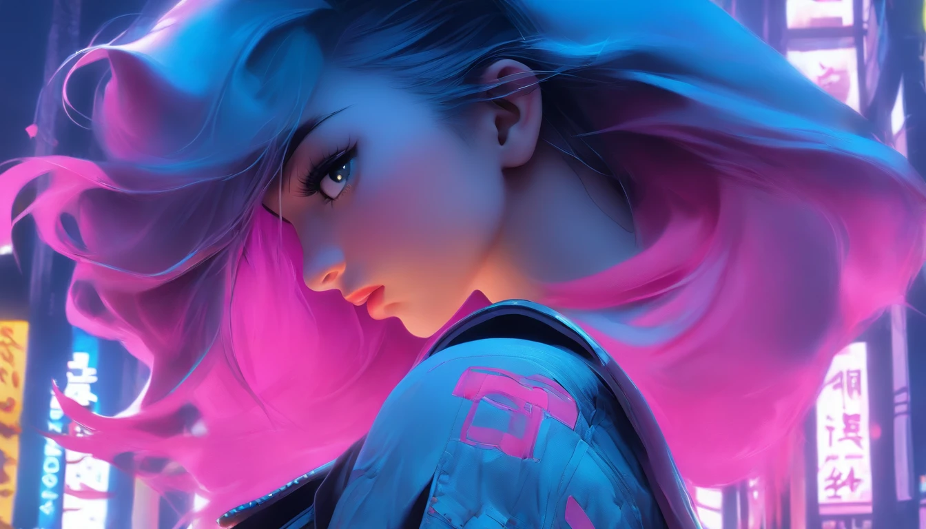 Masterpiece, Highest quality, (solofocus), (Perfect face:1.1), (High detail:1.1),Dramatic, 1人, (Pale skin), Long Black hair, Pink eyes, [Light eyebrows], Solo, Long hair, Moon, Night, denim luxury jacket, covered navel, pouty lips, Covered, Futuristic city, Detailed background, Art by Artgerm and Greg Rutkowski, Cinematic lighting, rosette, Fashion, BalenciagaStyle