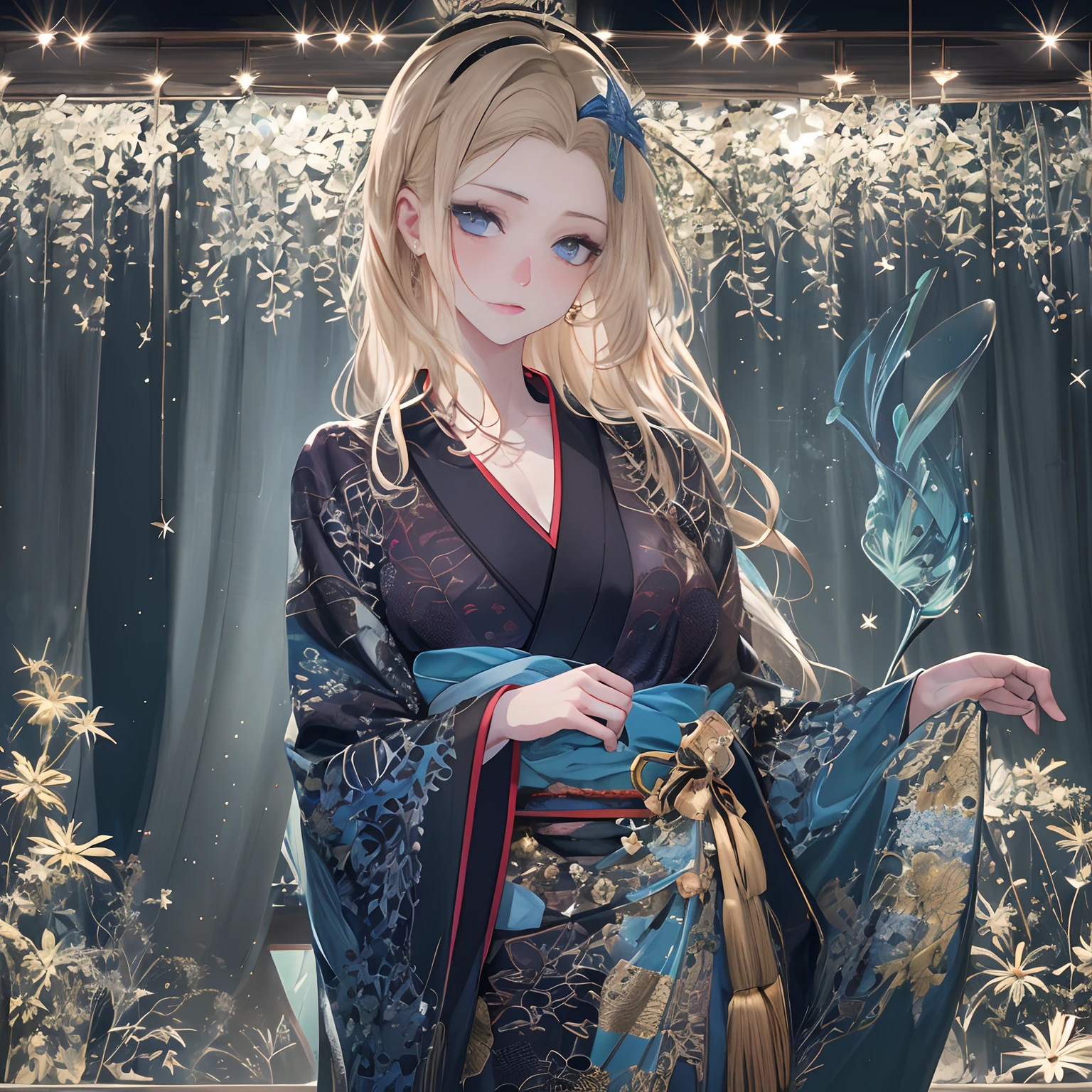 (Best Quality: 1.3, Masterpiece: 1.3), Ultra HD, (1girl, solo), atmospheric perspective, detailed face, upper body, makeup, drunk face, hot, kimono, shiny skin, (blonde hair), long hair, Looking at In front of the audience, (much blushing), blue eyes, small breasts, slim body, ((( curtain dark room background at dark night))), night light