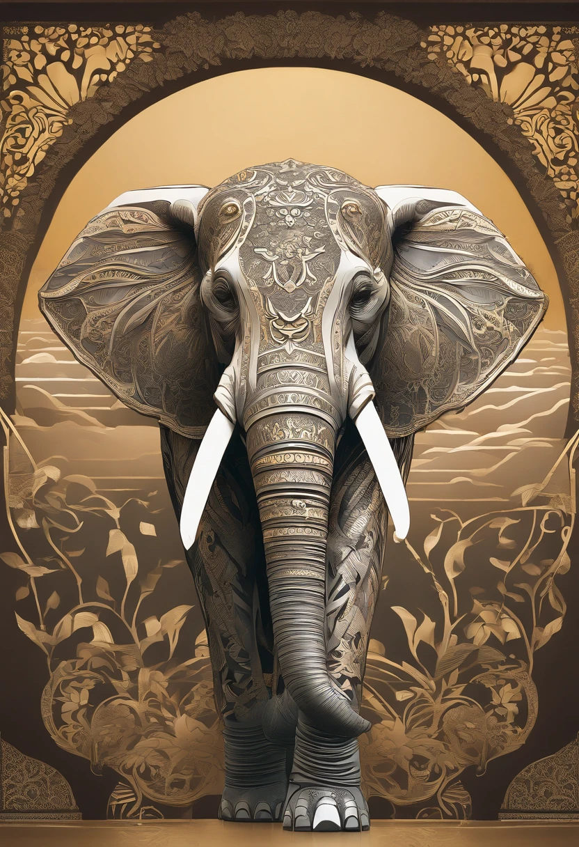 (ultra-detailed,highres,realistic:1.2),majestic elephant,beautiful tusks,giant body,strong muscles,curved trunk,noble presence,serene eyes,graceful movements,lush green savannah,sunset silhouette,soft golden light,vibrant colors,photorealistic painting,impressive size,powerful aura,masterpiece, ((symmetrical))