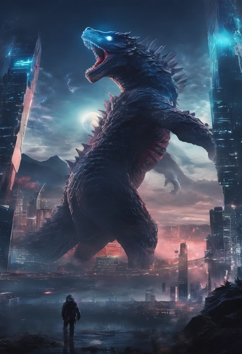 Strange monsters in a fantasy world，Godzilla，A coarse laser sprays out of the mouth，Blood，Covered with thick spikes，Moon Night，中景 the scene is，Full body like， highly detailed surreal vfx，oc rendered，Shot with 70 mm - AR 16:9 --q 2 --s 1000