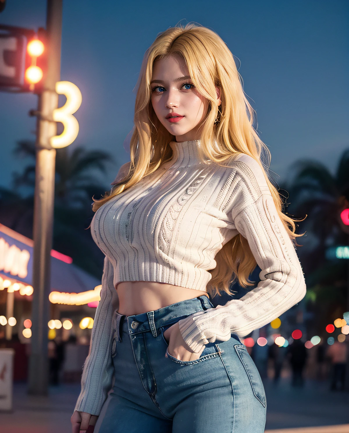 1girl, (Blue Eyes), smiling, (Sana Minatozaki), wide hips, Big Boobs, big ass, (Best Quality, 8k, Masterpiece: 1.3), perfect hands, Clear Focus: 1.2, Perfect Body Beauty: 1.4 , Slender Abs: 1.2, Highly detailed face and skin texture, detailed eyes, double eyelids, red lips, (blonde long hair), (very long sweater), tight jeans, standing, dynamic pose, in an amusement park at night illuminated by the lights of the games, Colored lights, deep on field