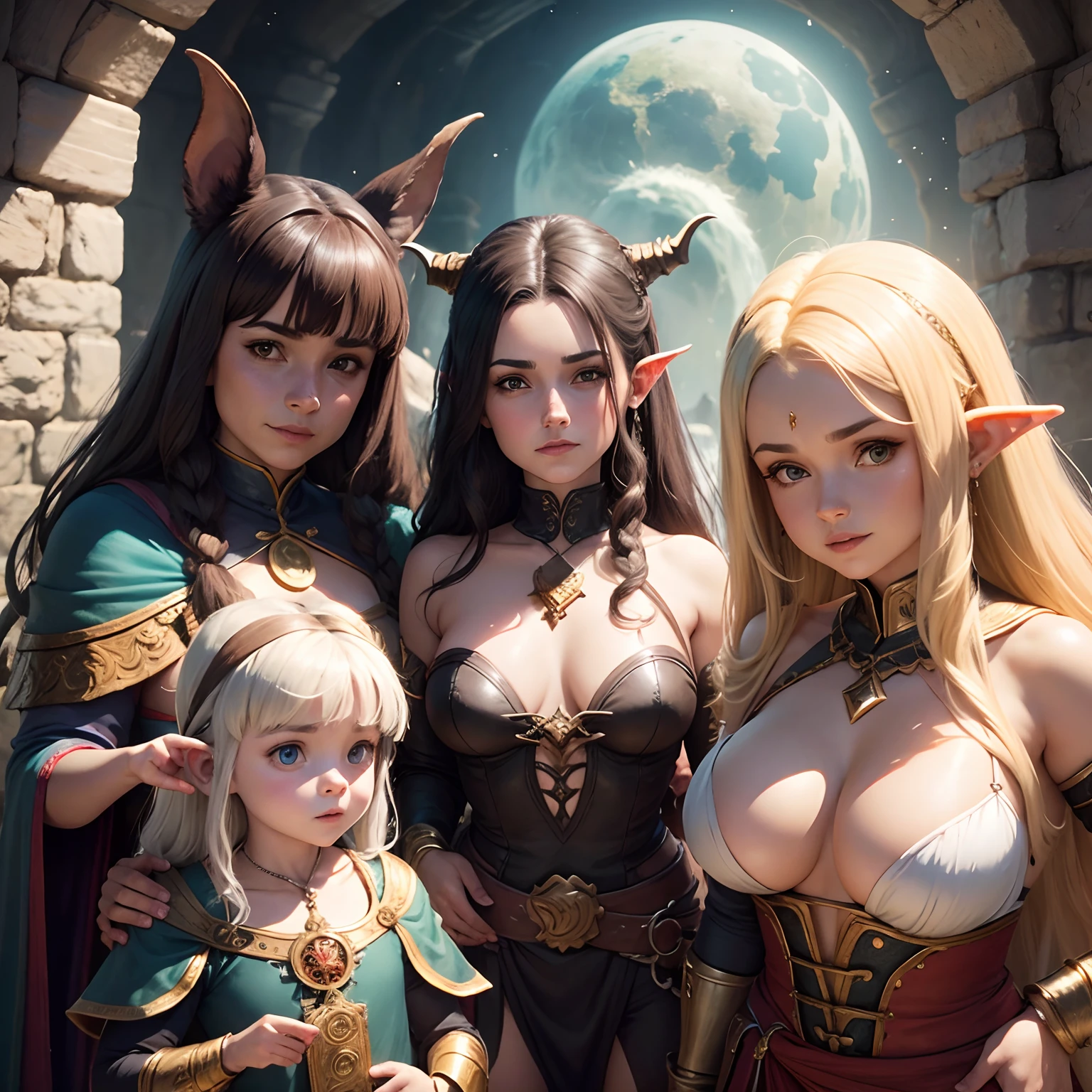 Uma Guida com 6 integrantes: 1 draconato, 2 elfas, 2 humanos e uma halfling