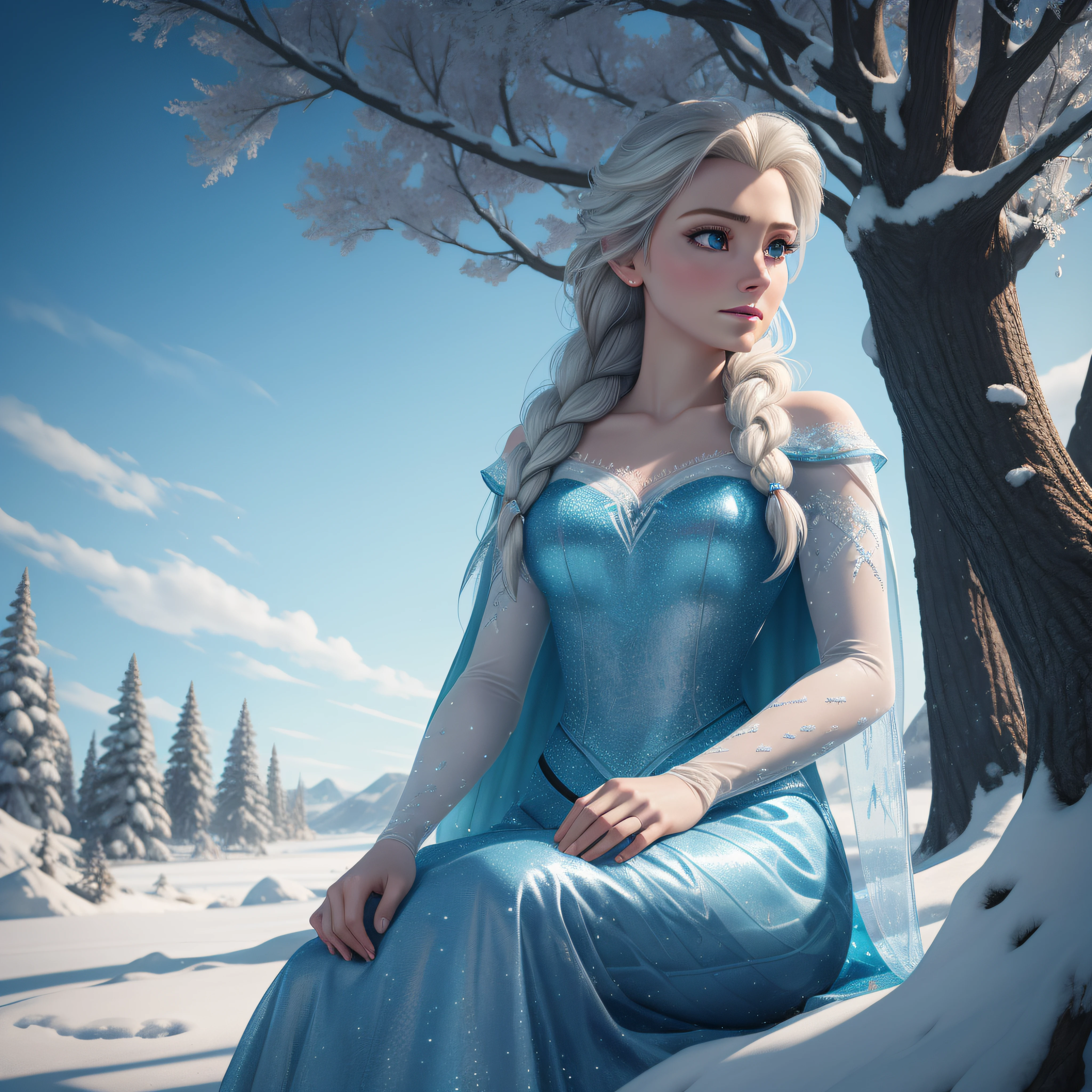 close-up of elsa from frozen sitting like a lady under a tree on the ice and looking at the sky, lots of details, beautiful, elsa from frozen, high quality, photo-realistic, octane render, unreal engine, ultra-realistic