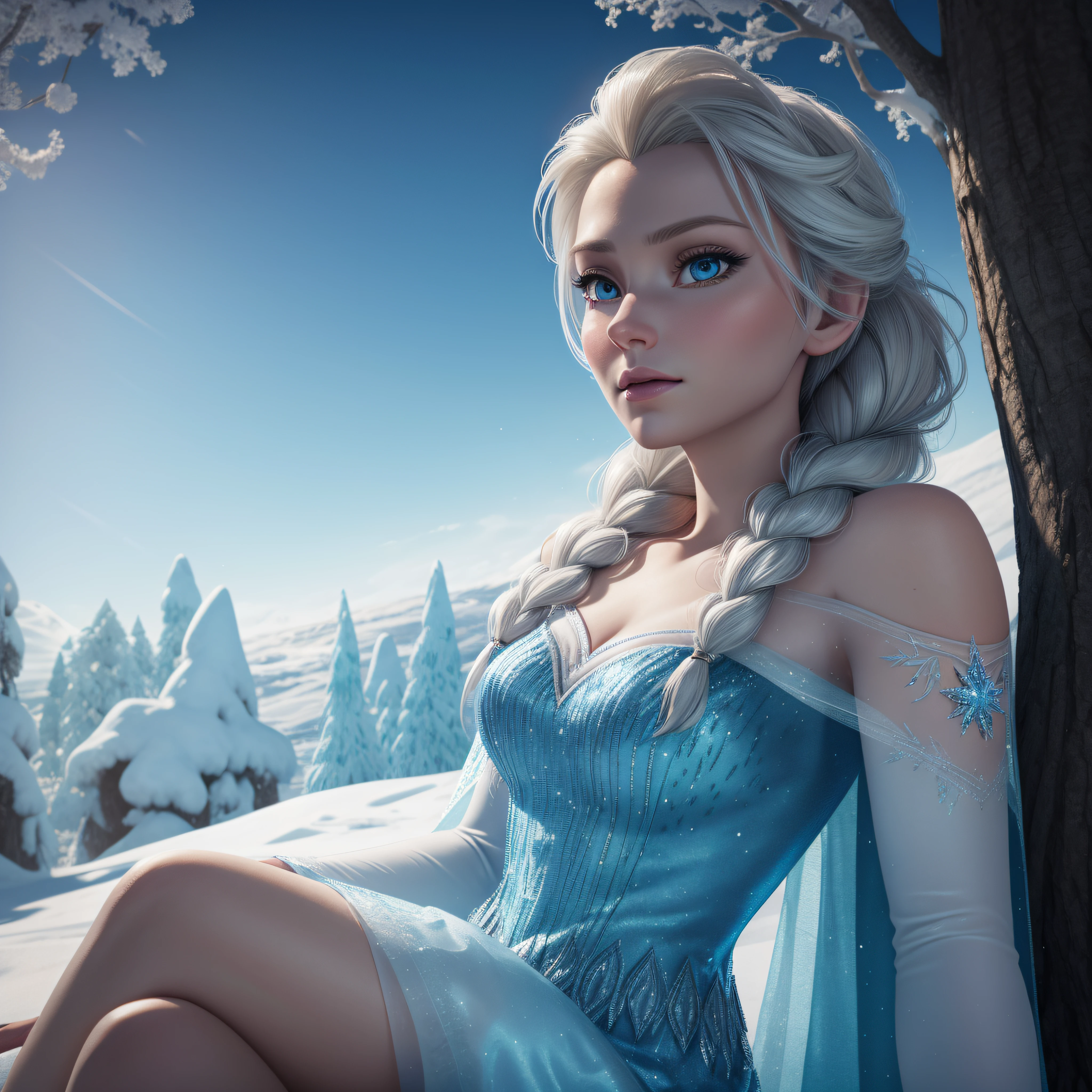 Relistic Elsa A close up of a woman in a blue dress sitting on a tree - SeaArt AI
