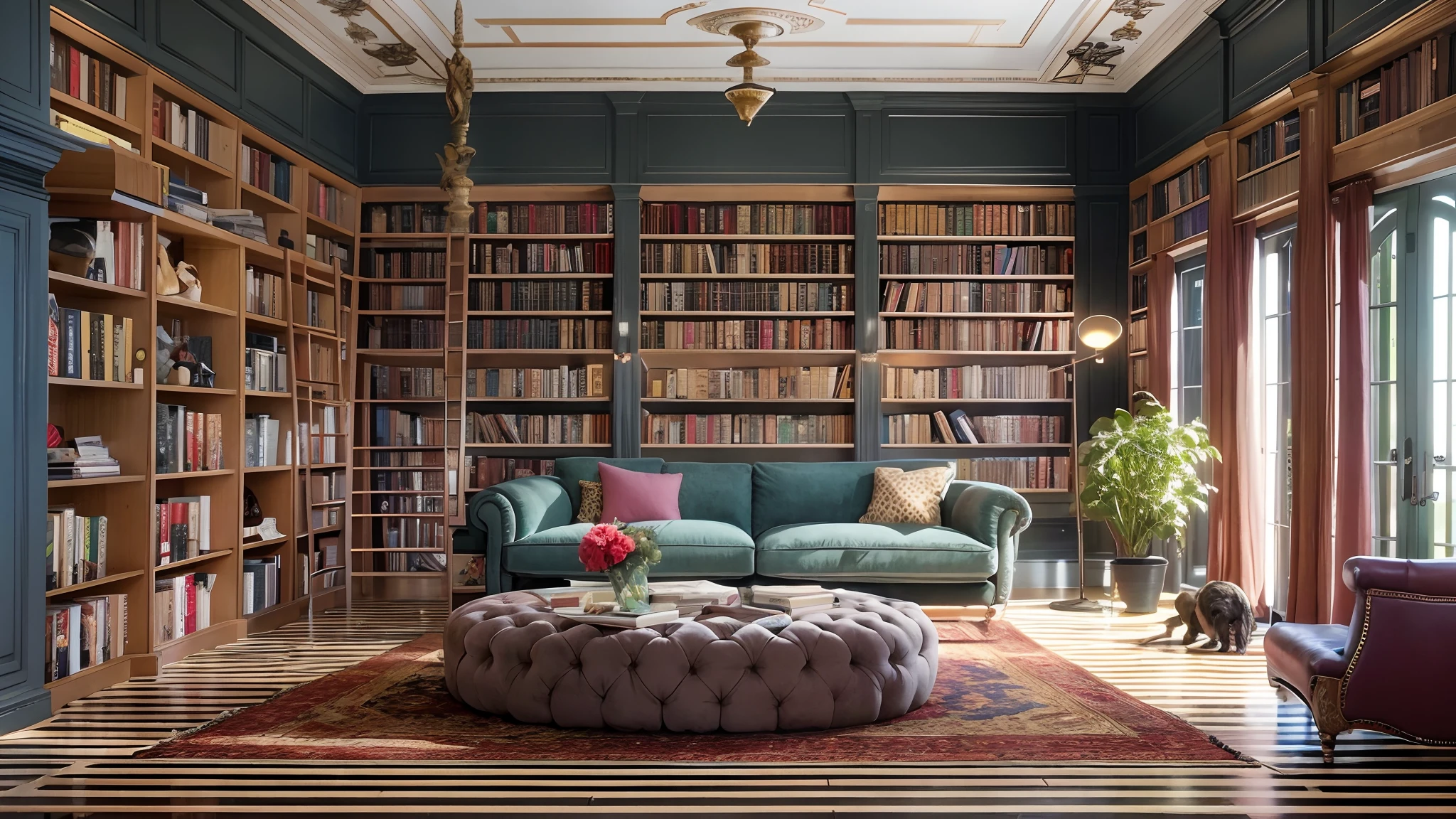There is a sofa and a bookshelf in the living room, wall to wall bookcases, bookshelves, bookshelves, bookshelf, books all over the place, book shelf small library, small library, high ceiling, bookshelves, Book case, very tall ceilings, tall ceilings, living room interior, high ceiling, shelves, low ceiling, high ceiling